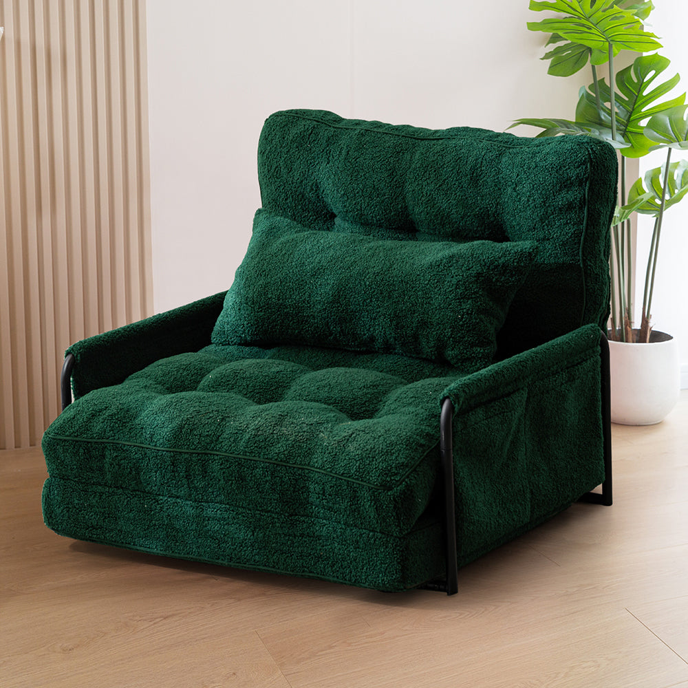 MAXYOYO Adjustable Floor Sofa Couch with Pillow - Boucle Convertible Lazy Sofa Sleeper Bed with Armrest, Single Seat Green - Perfect for Small Spaces, Living Room Lounging & Guest Bed