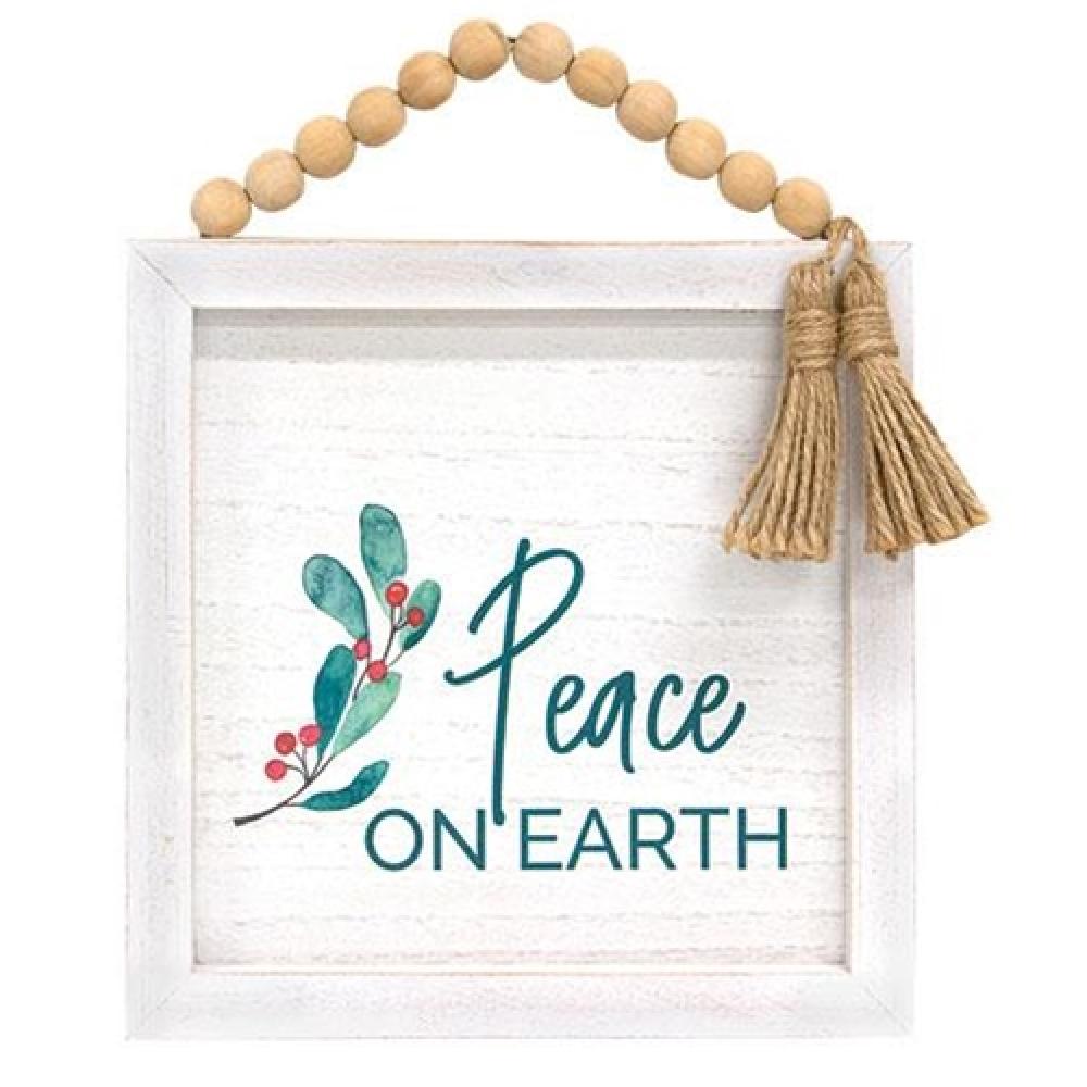 Peace On Earth Framed Wall Sign with Wood Beads & Tassels - Boho Home Decor for Living Room, Bedroom or Office