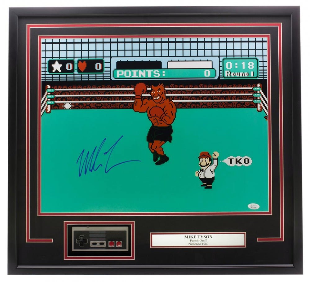Authentic Mike Tyson Signed Blue Framed 16x20 Punch Out Boxing Photo with Controller - JSA Certified | Perfect for Boxing Memorabilia Collectors & Man Cave Decor