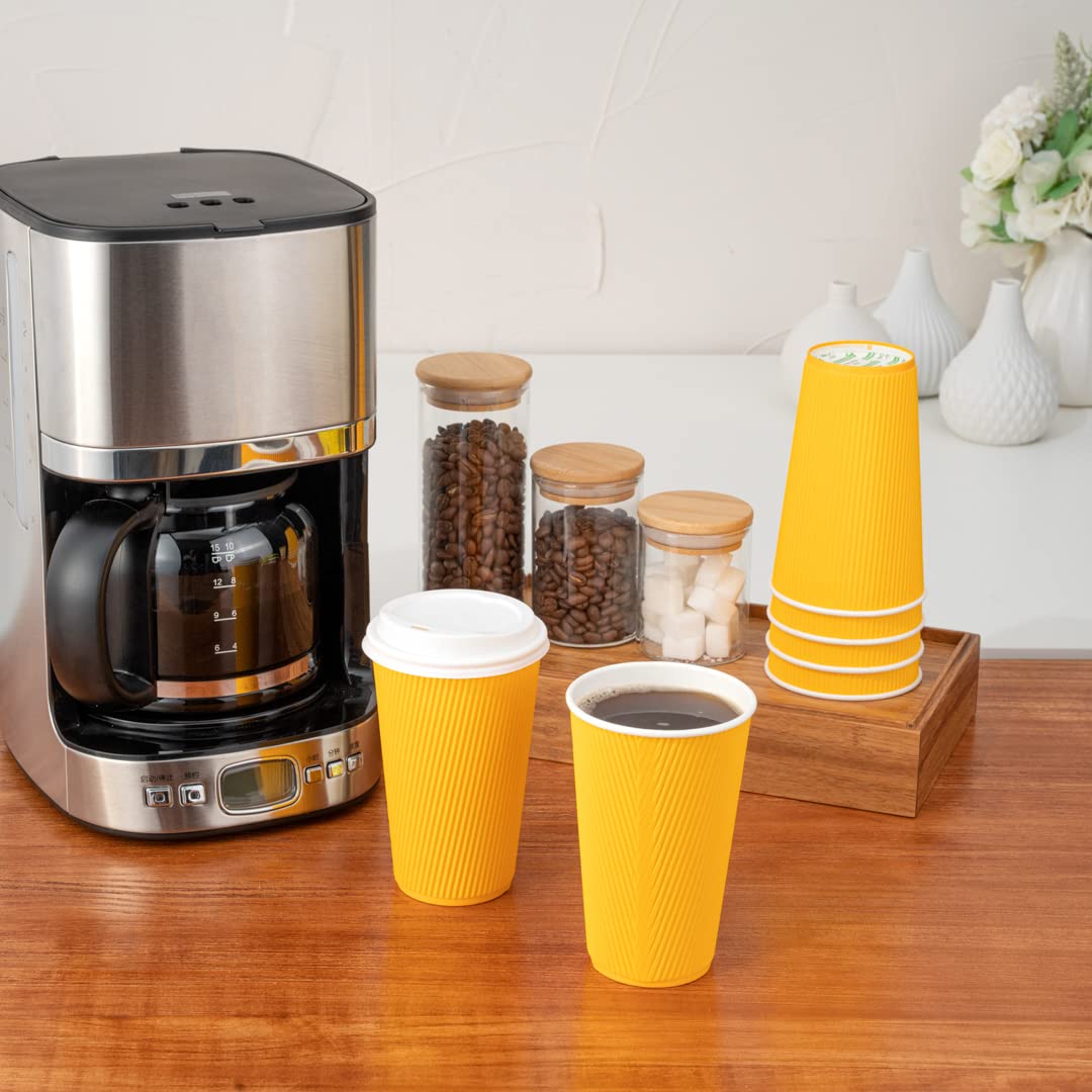16oz Insulated Coffee Cups with Lids - 200 Pack Leakproof Disposable Hot Drink Cups for Tea, Hot Chocolate & Lattes | Durable Ripple Wall Design, Non-Slip Yellow Paper Cups for Restaurants, Cafes & Office Break Rooms