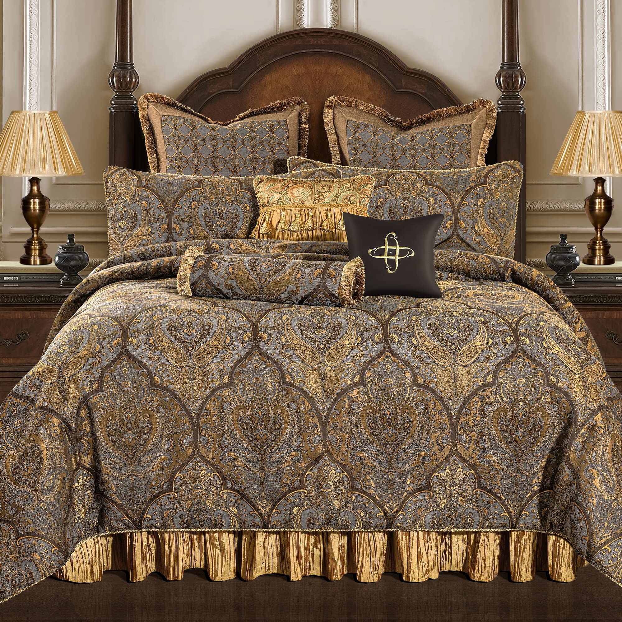 Luxury 9-Piece Jacquard Comforter Set Queen Size - Classic Antique Damask Bedding with Euro Shams, Bedskirt & Decorative Pillow - Ultra Soft Loom and Mill Collection (Cambridge Design) for Elegant Bedroom Decor