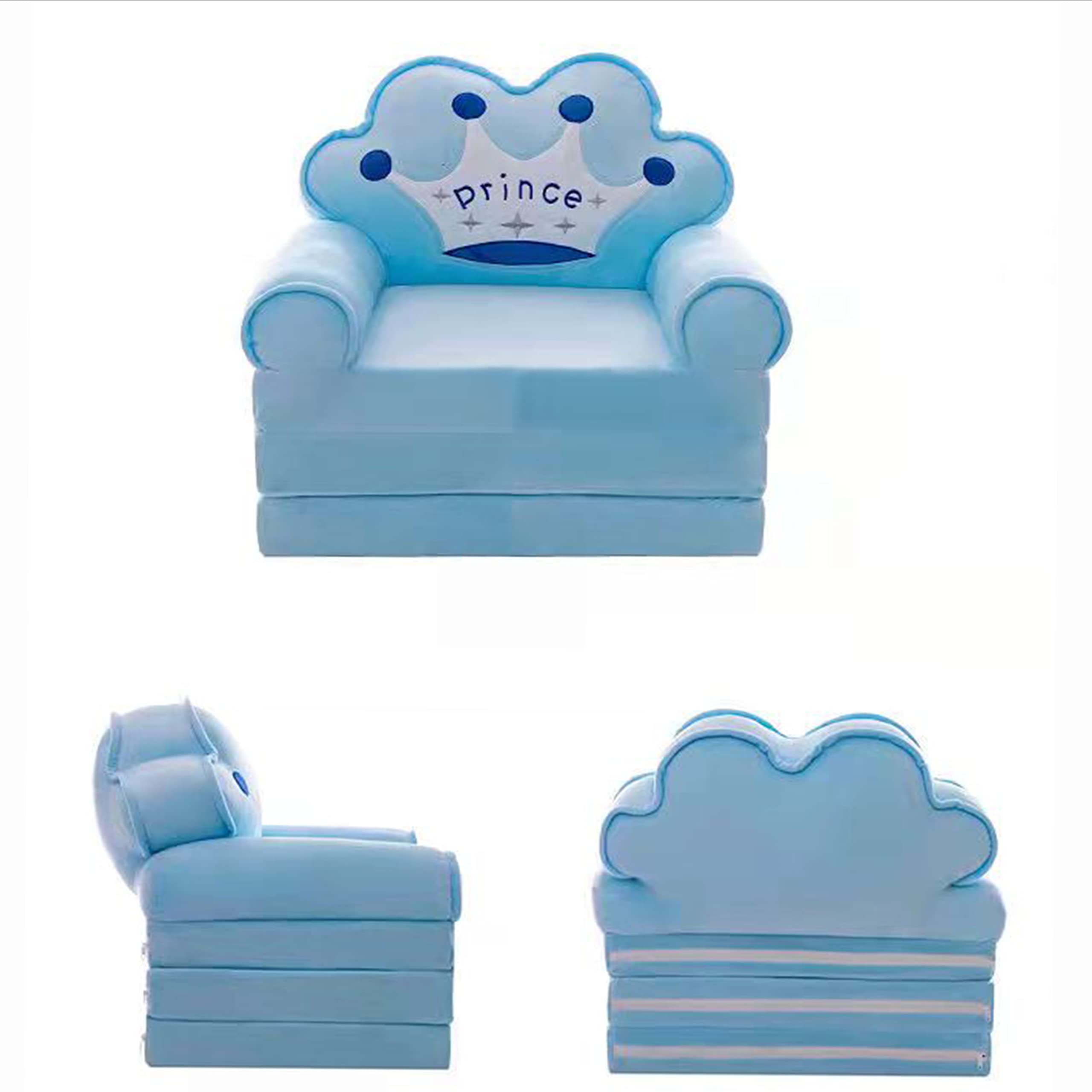 3-Layer Foldable Kids Sofa - Plush Flip Open Armchair with Cute Cartoon Design, Soft Mini Couch for Children's Room, Playroom & Nursery (Blue Crown) - Perfect for Reading, Napping & Playtime