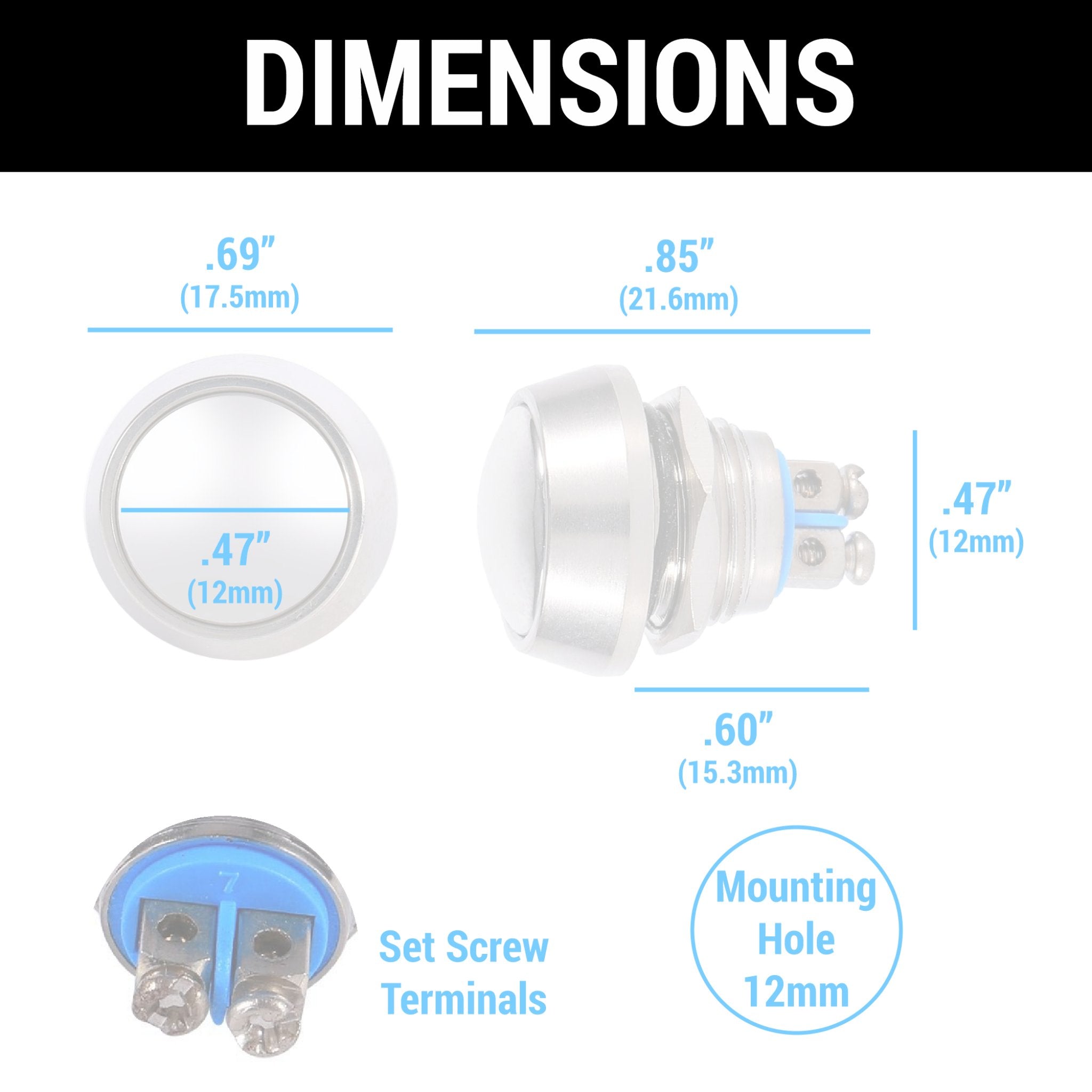 12mm Domed 12V Momentary Billet Push Button Switch 2A 6-36V IP66 Waterproof - Perfect for Automotive, Marine, and Industrial Control Panels