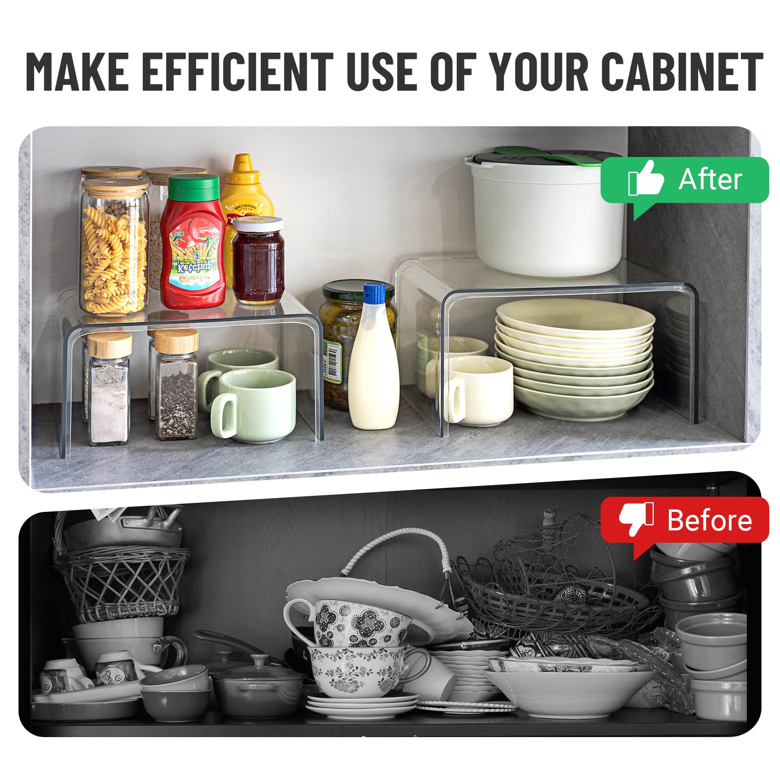 Clear Cabinet Organizer Set of 2 - Kitchen Shelf Organizer for Pantry, Spice Storage & Countertop Display - Space Saving Room Decor for Desk & Cabinet Organization - Perfect for Home, Office & Dorm Use
