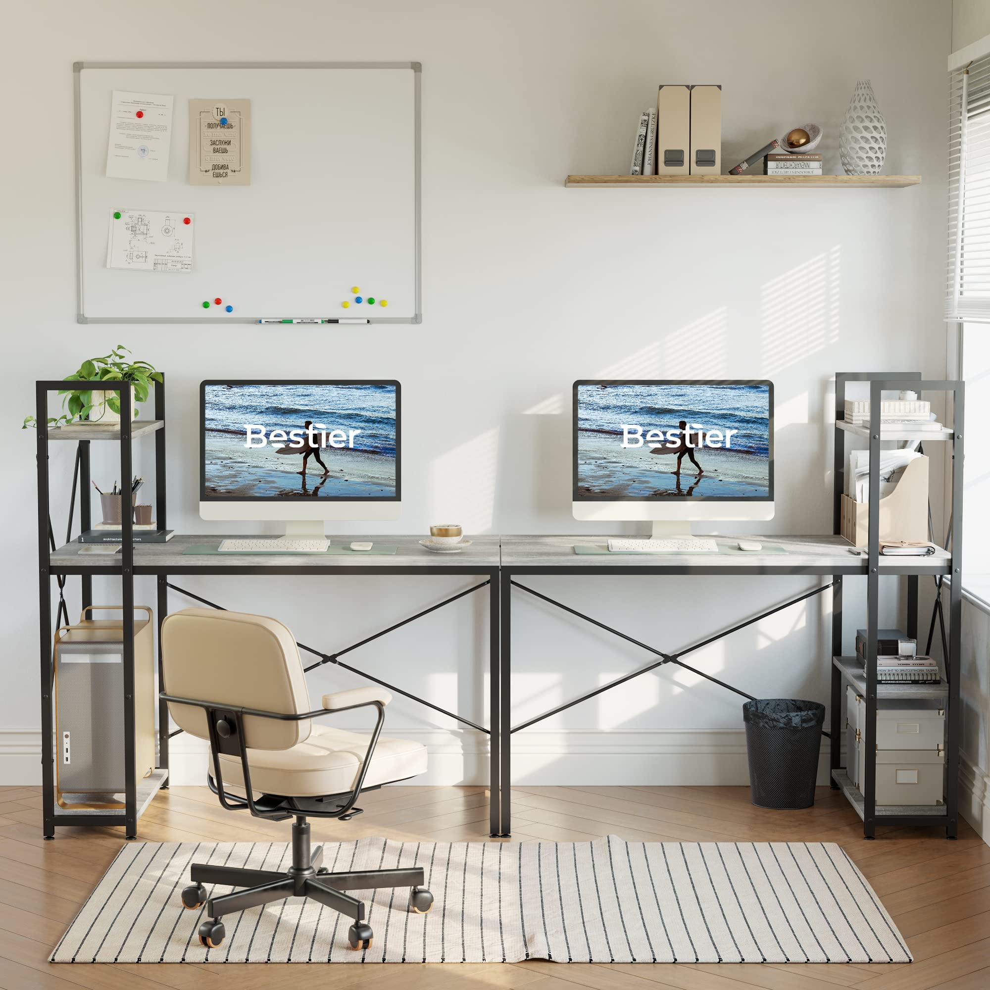 Bestier 47 Inch Home Office Computer Desk with Adjustable Shelves - Sturdy Writing Desk with Reversible Bookshelf & Metal Legs for Small Spaces, Gaming Setup & Studio Work - Wash White Finish for Modern Workspace