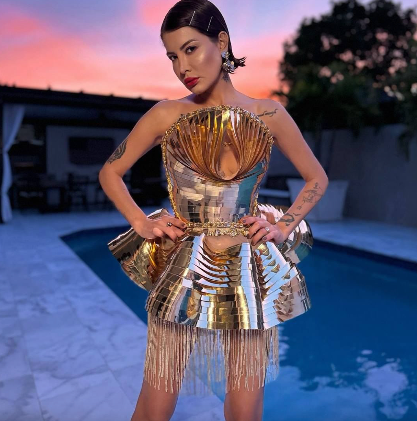Futuristic Gold Metallic Corset Party Dress - Elegant Birthday Costume for Festival, Halloween & Cosplay Events | Shimmering Evening Gown for Women's Night Out