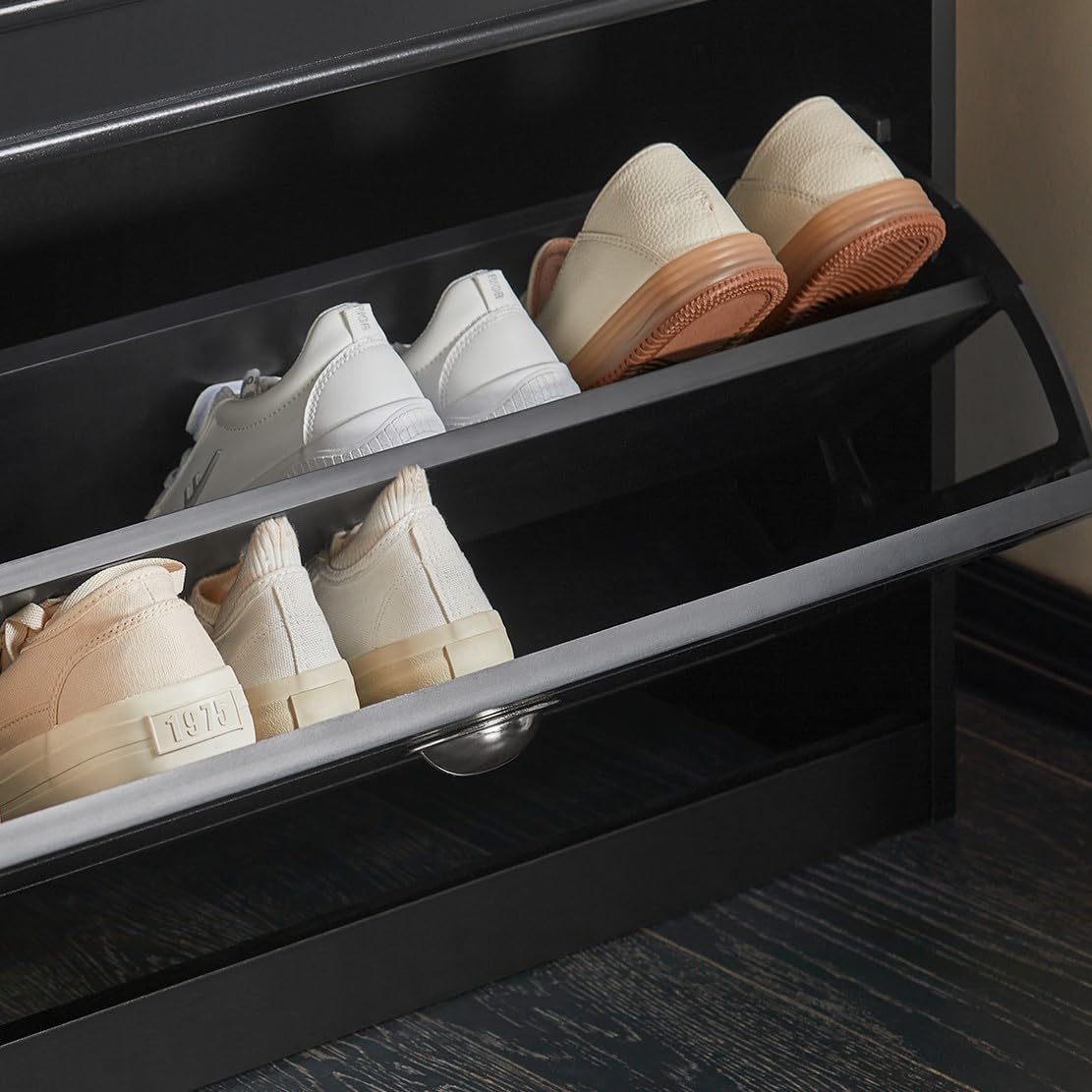 Haotian Black Narrow Shoe Bench with Flip-Drawer & Seat Cushion - Space Saving Entryway Shoe Cabinet for Hallway, Foyer or Small Apartment | FSR82-K-SCH