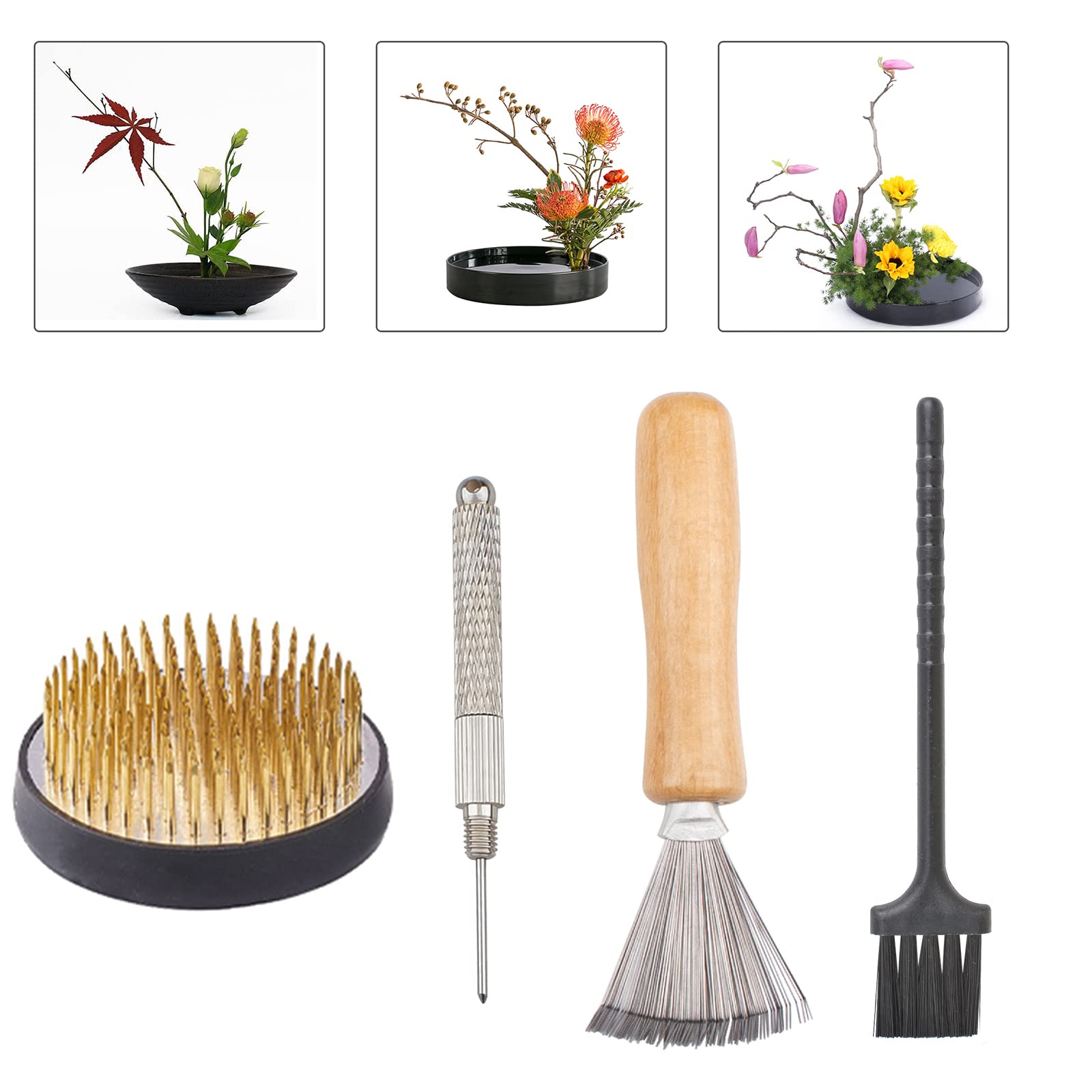 4-Piece WANDIC Flower Frog Set - Round Flower Holder, Needle Straightening Tool & Cleaning Brushes for Ikebana Floral Arrangement | Perfect for DIY Home Decor, Wedding Centerpieces & Japanese Flower Art