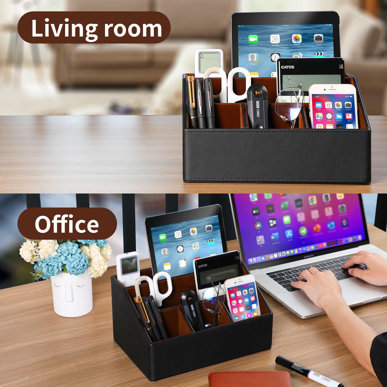 Premium PU Leather Desk Organizer - 5 Compartment Multifunctional Storage Box for Office Supplies, Pens, Pencils, Business Cards & Remote Controls | Perfect for Home Office, Workstation & Study Desk Organization (Black)