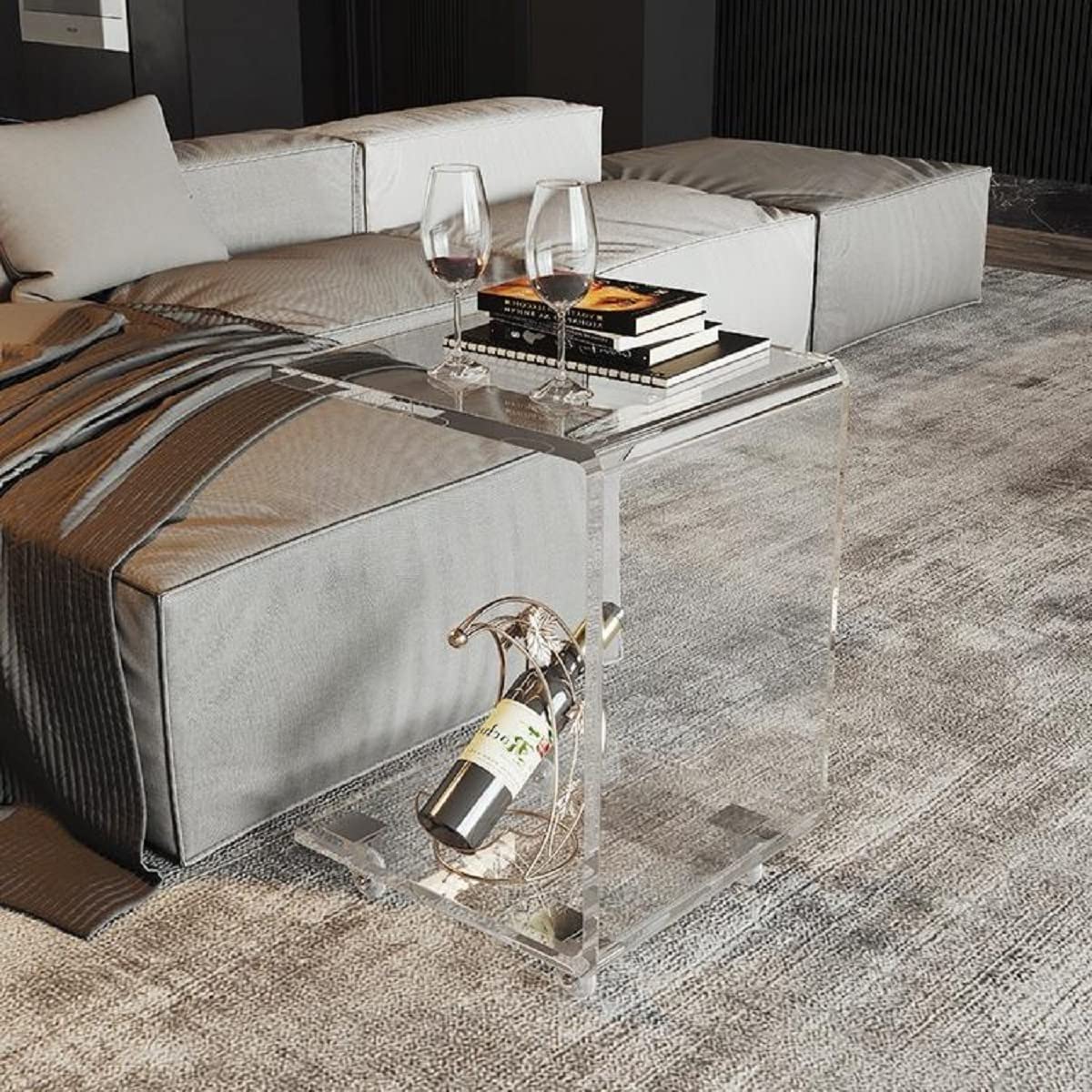 Gdrasuya10 Clear Acrylic C-Shaped End Table with Wheels - 2-Tier Rolling Side Table with Tray for Snacks, Living Room, Bedroom & Couch - Portable Mobile Sofa Table for Easy Movement Between Rooms