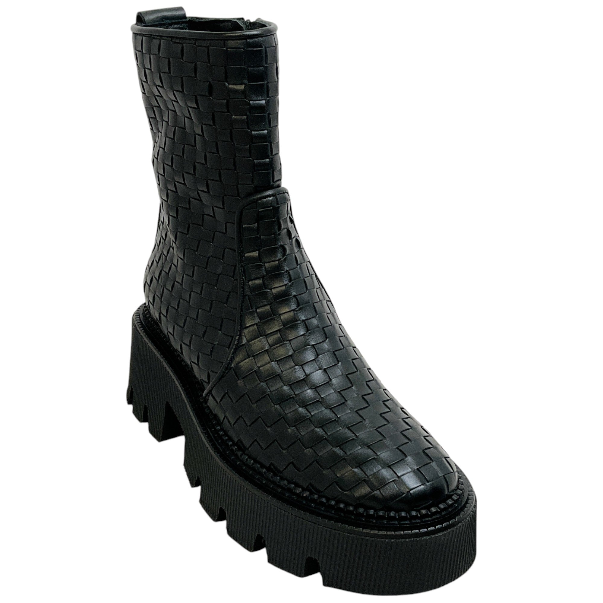 Freda Salvador Black Woven Leather Darla Lug Sole Boots - Women's Chunky Heel Ankle Booties for Fall & Winter | Perfect for Casual Outfits, Date Nights & Office Wear