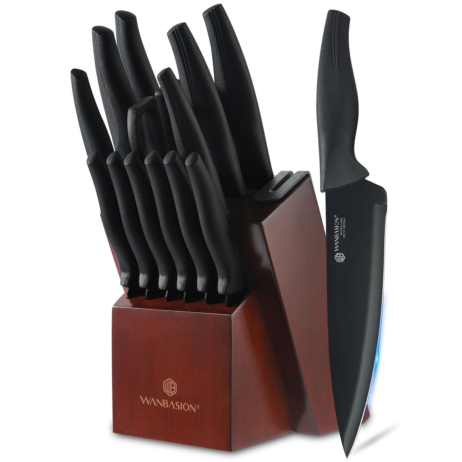 Wanbasion 15-Piece Premium Stainless Steel Kitchen Knife Set with Wooden Block & Sharpener - Dishwasher Safe Black Knives for Professional Chefs & Home Cooking