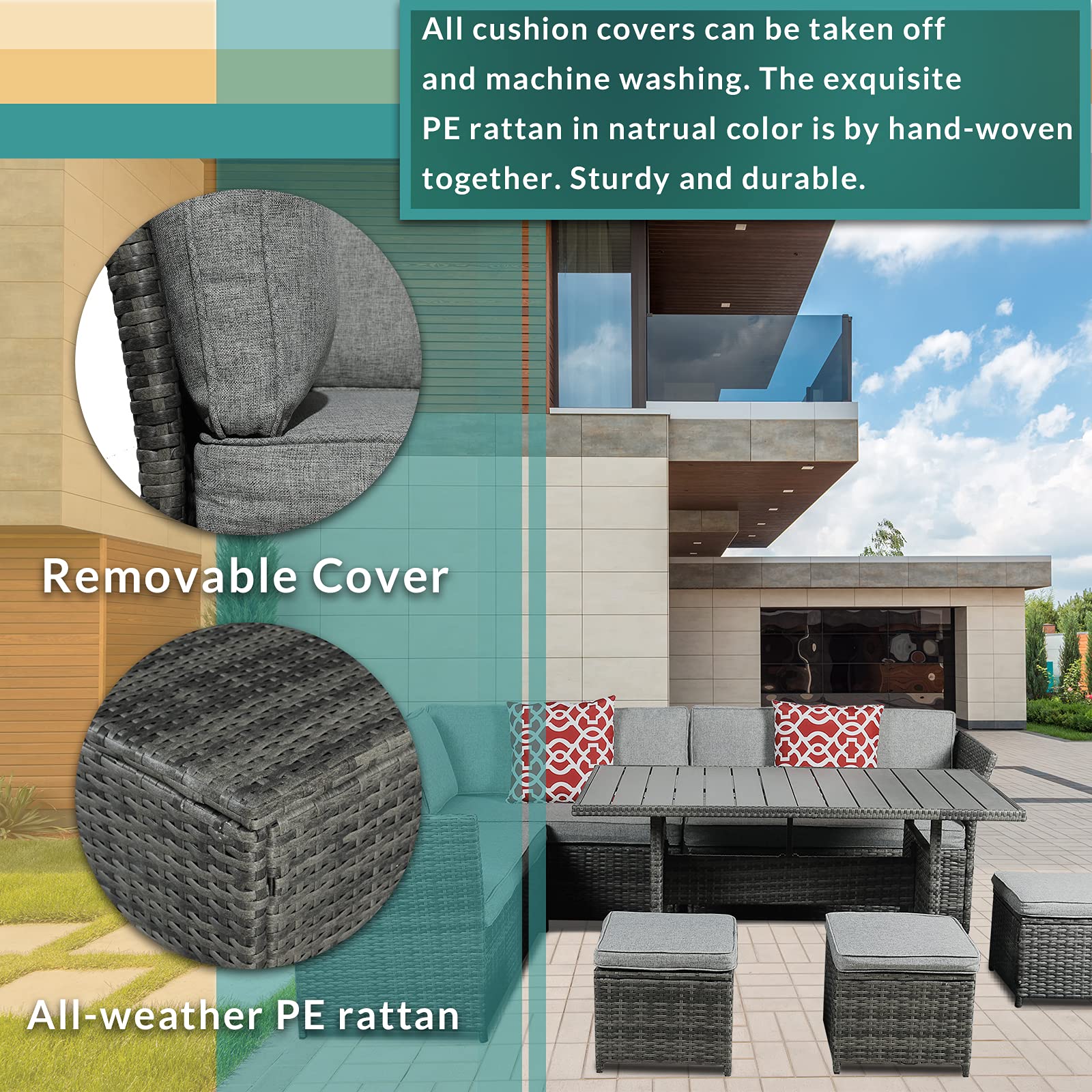 MEETWARM 7-Piece All-Weather Wicker Patio Furniture Set - Outdoor Rattan Sectional Sofa with Ottoman, Coffee Table & Chairs - Gray Conversation Set for Garden, Poolside & Backyard Relaxation