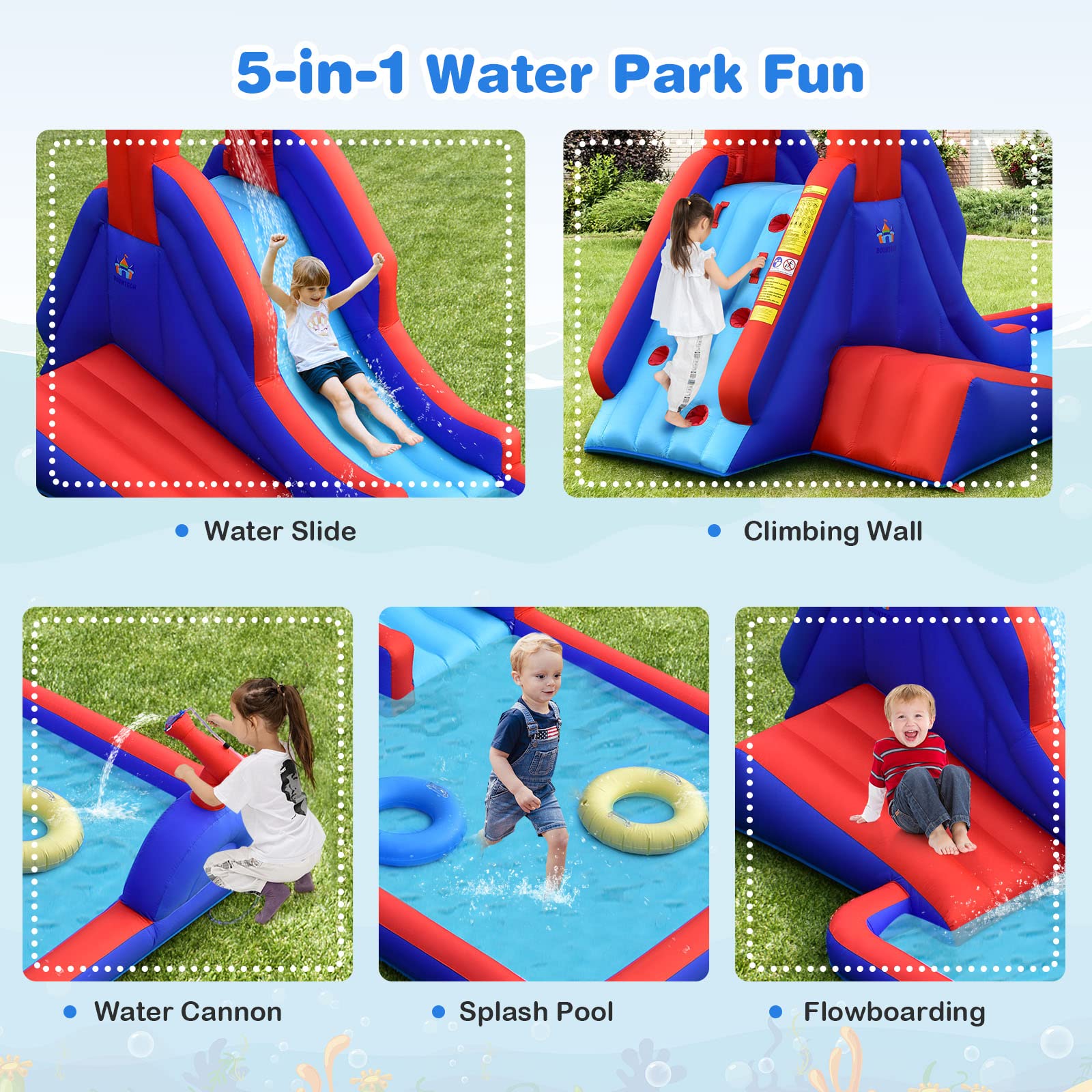 BOUNTECH Inflatable Water Slide for Kids - Outdoor Surfing Waterslide Bouncer Park with Large Splash Pool & 2 Swimming Rings - Fun Backyard Water Slides for Boys and Girls - Perfect for Summer Parties, Birthday Gifts & Outdoor Family Activities