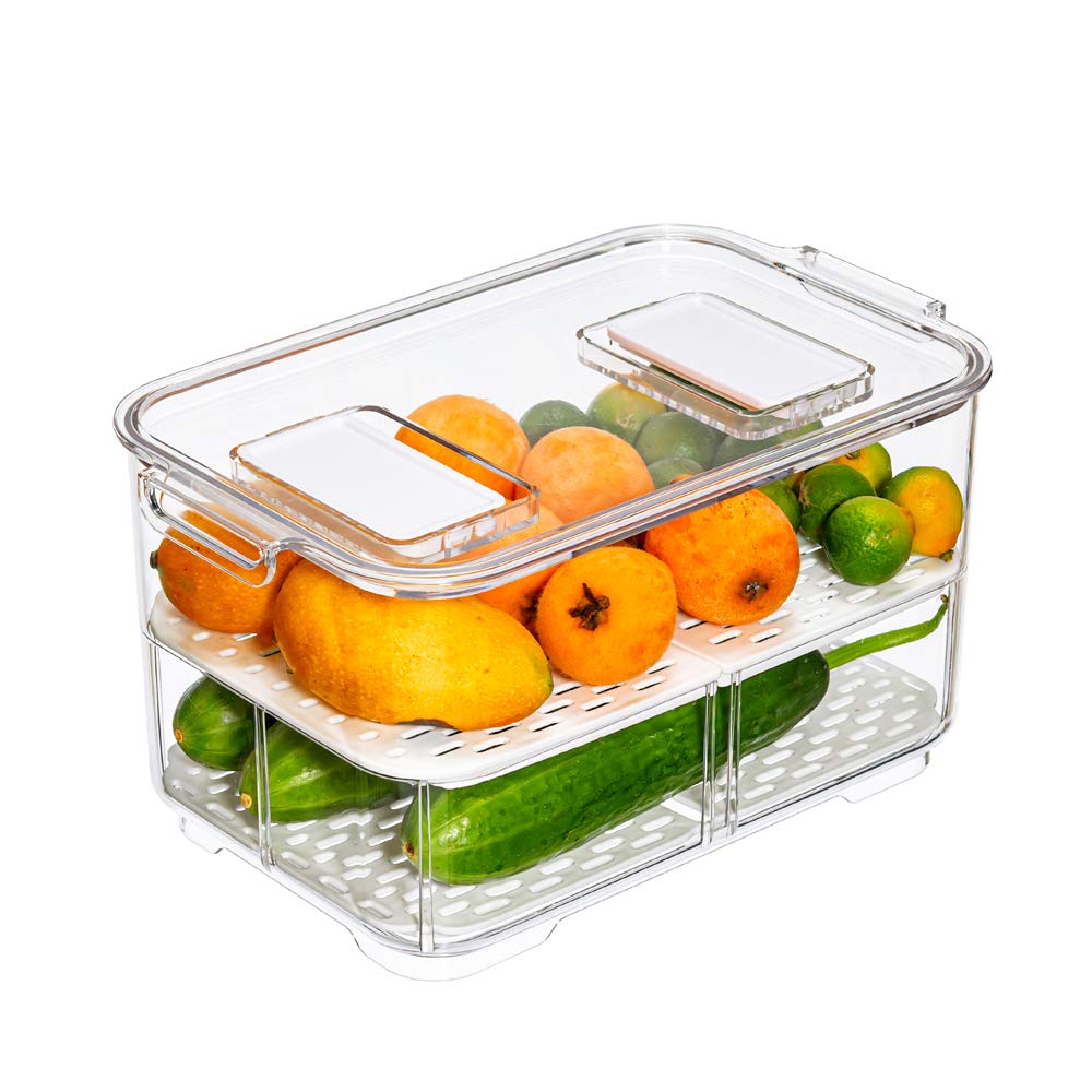 Slideep 11'' Large Food Storage Containers with Lids - 2 Tier Stackable Refrigerator Organizer, Removable Drain Tray Drawers for Fresh Produce - Perfect for Kitchen Organization & Fridge Storage (Vegetables, Fruits, Meal Prep)