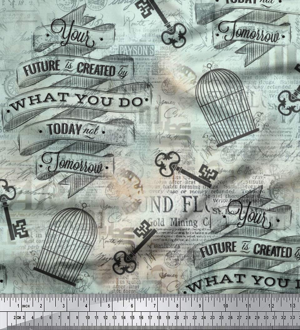 Soimoi 42 Inch Wide Green Silk Fabric - Cage & Text Print Fabric by the Yard for Dresses, Scarves, and DIY Sewing Projects