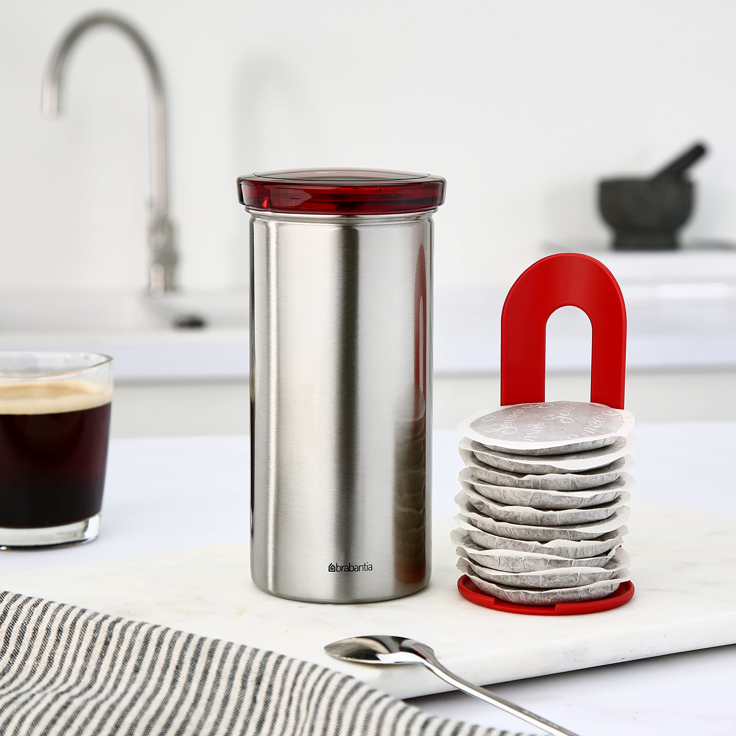 Brabantia Senseo Coffee Pod Storage Jar - Airtight Container with Matt Steel Fingerprint Proof Red Lid - Perfect for Kitchen Countertop & Coffee Station Organization