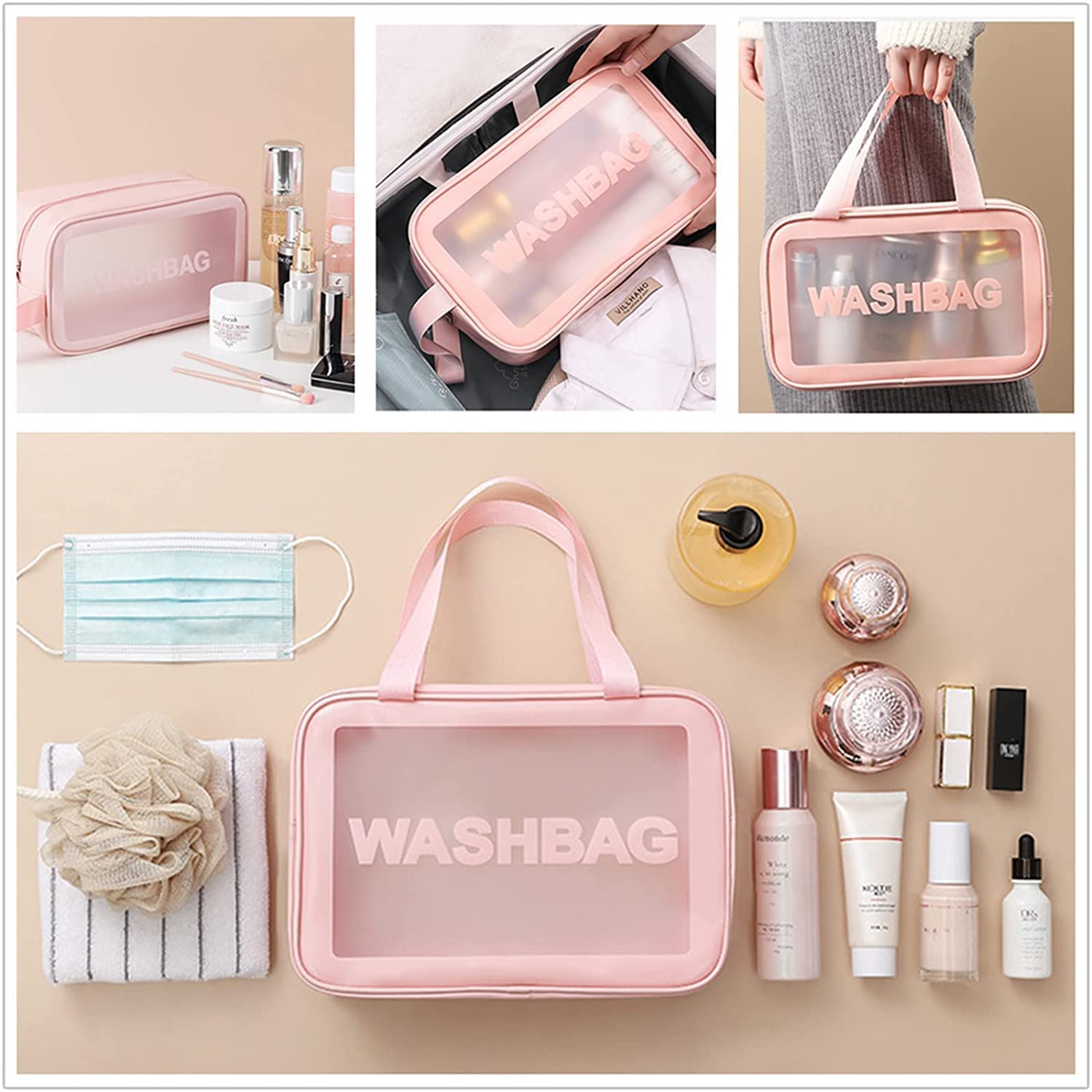Large Clear Travel Cosmetic Bag - Makeup Pouch for Women & Girls | Pink Toiletry Organizer for Trips