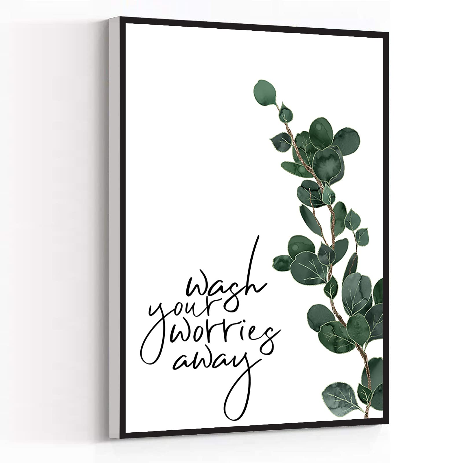 KEJPU Modern Canvas Wall Art - Funny Bathroom Quote 'Wash Your Worries Away' Botanical Print - 12x18 Inch Ready to Hang Wood Framed Painting for Home, Office & Bathroom Decor - Perfect for Spa, Relaxation Areas & Gift Giving