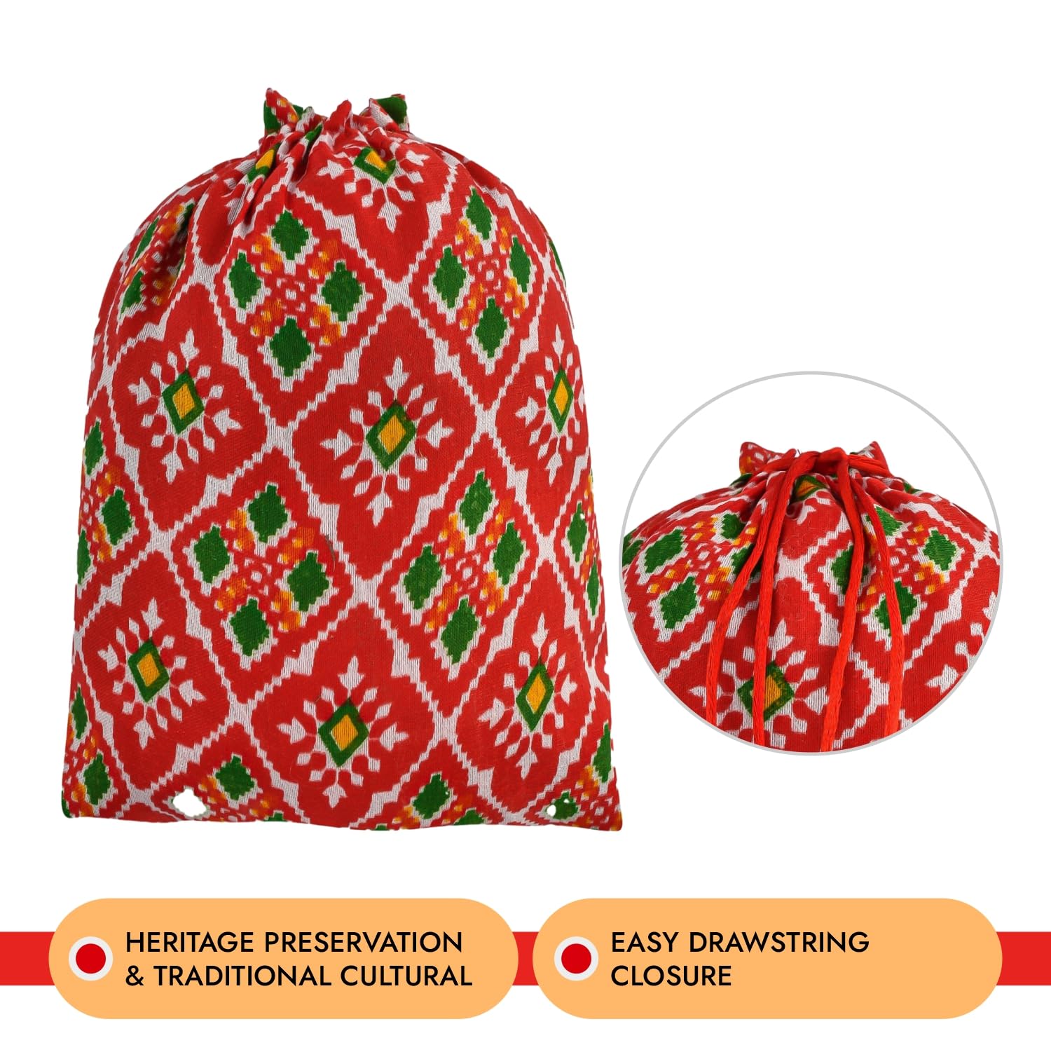 Kuber Industries Silk Wedding Potli Bag - 7x9 Inch Medium Drawstring Closure Clutch for Women - Perfect for Weddings, Baby Showers & Christmas Gifts - Pack of 10 Red Patola-Print Potli Wallets