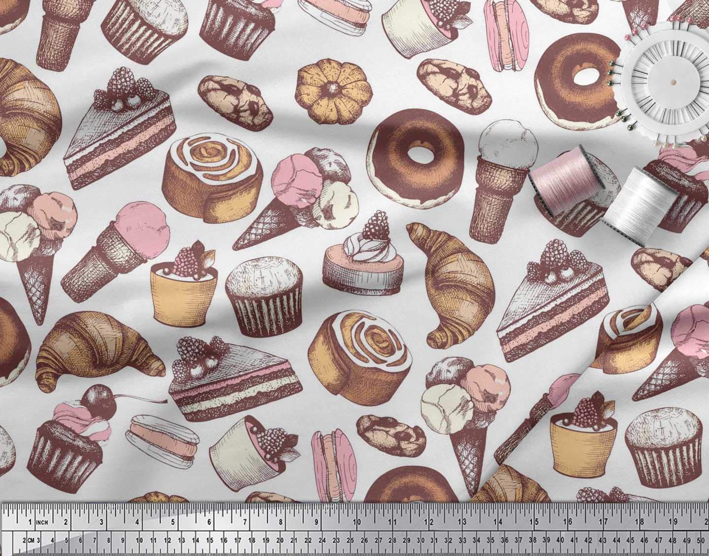 Soimoi 100% Cotton Cambric Fabric - 42 Inch Wide White Printed Fabric with Cupcake, Donut & Cookies Food Pattern - Perfect for DIY Crafts, Quilting, Sewing Projects, Home Decor, and Clothing