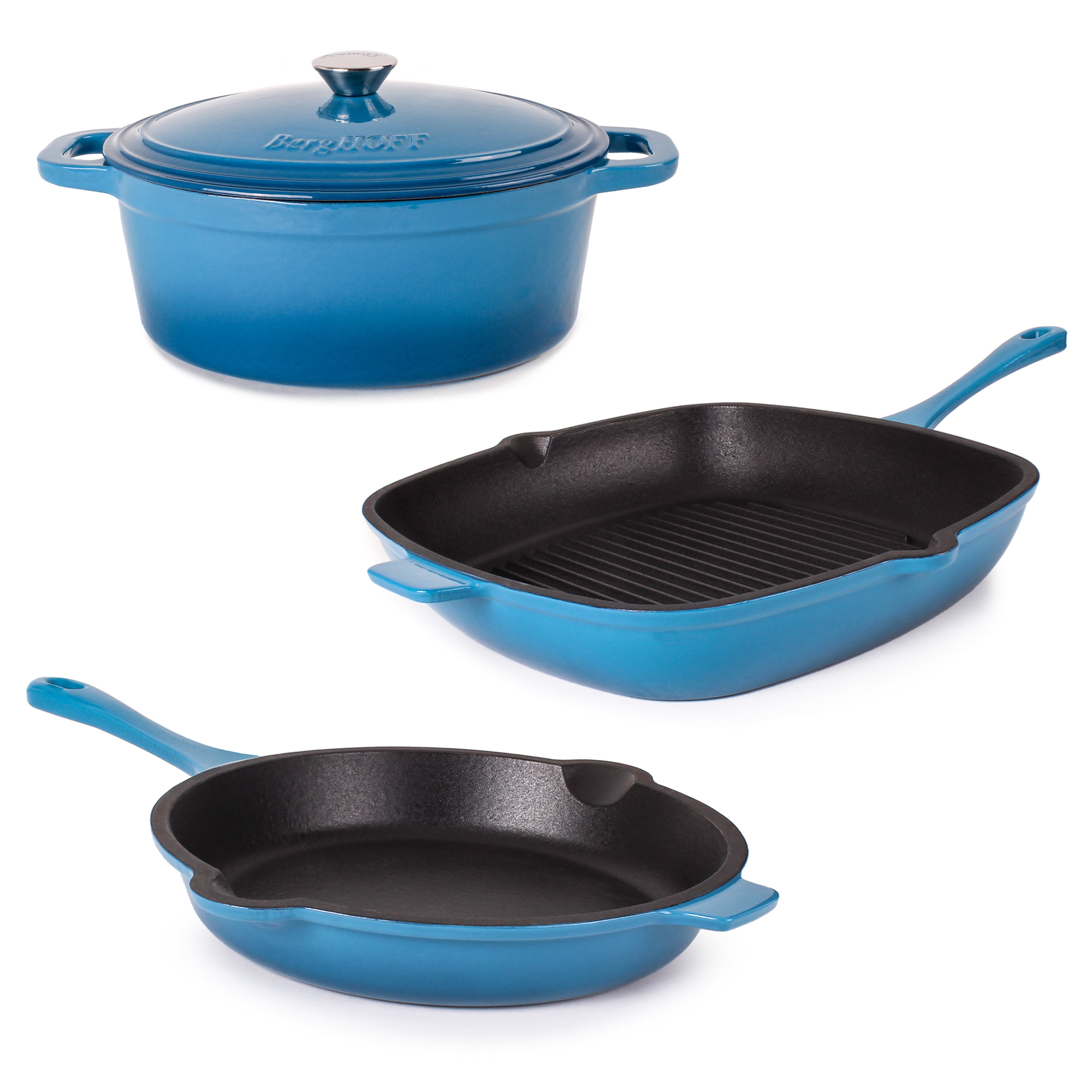 BergHOFF Neo 4-Piece Cast Iron Cookware Set - Grill Pan, Fry Pan & Oval Dutch Oven, Blue Enamel Coating | Perfect for Stovetop, Oven & Outdoor Cooking | Durable Kitchen Essentials for BBQ, Frying & Braising