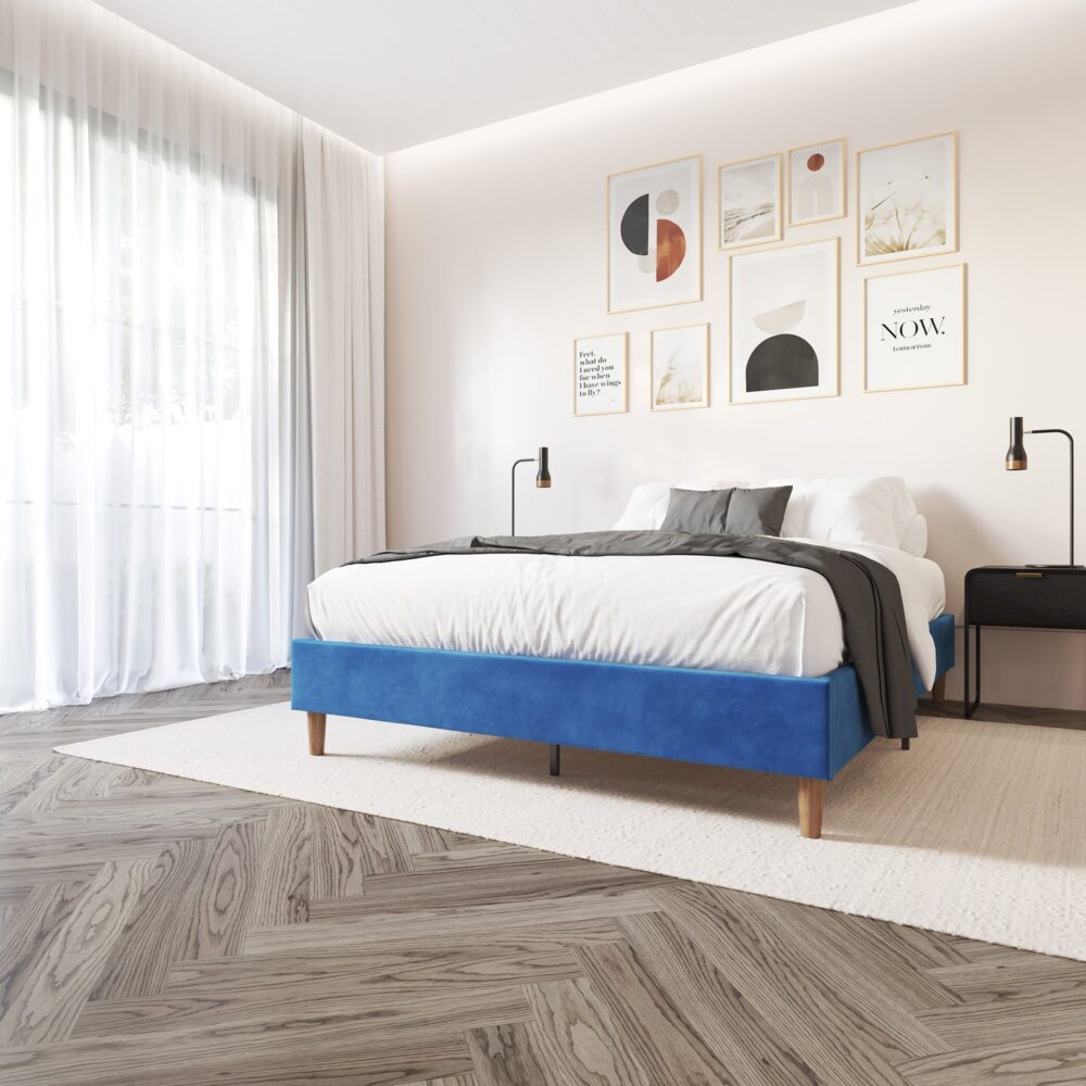 Alexandra Velvet Blue Single Bed Base - Modern Platform Bed Frame for Small Spaces, Kids & Guest Rooms | Durable & Stylish Bed Base for Home & Apartments