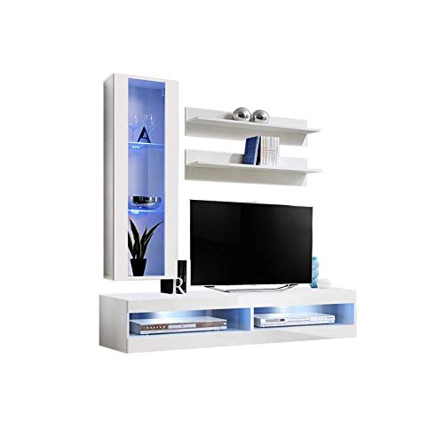 Modern White Wall-Mounted TV Stand with Storage Shelves & LED Lights - 34