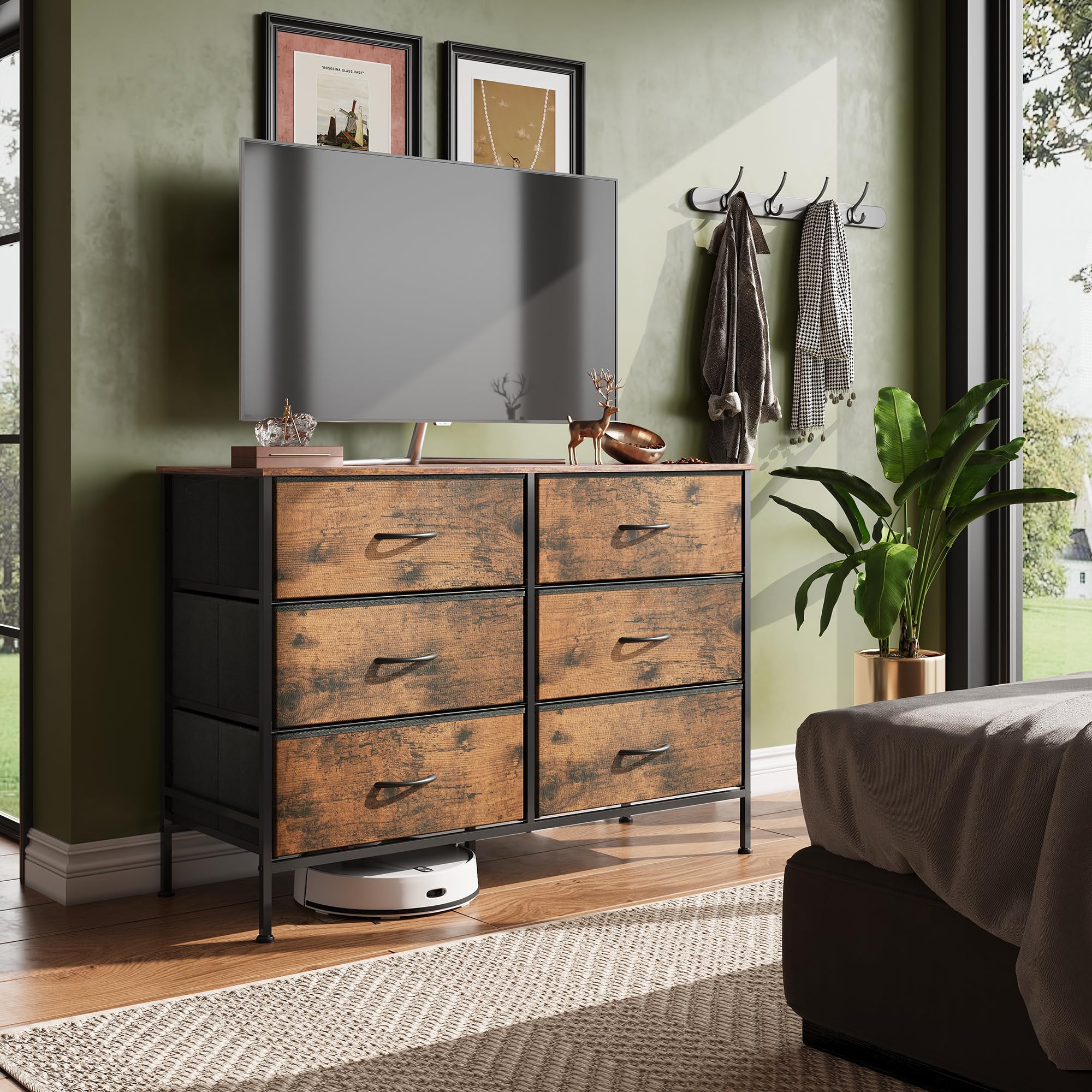 6-Drawer Fabric Dresser with Wooden Top - TV Stand for 50