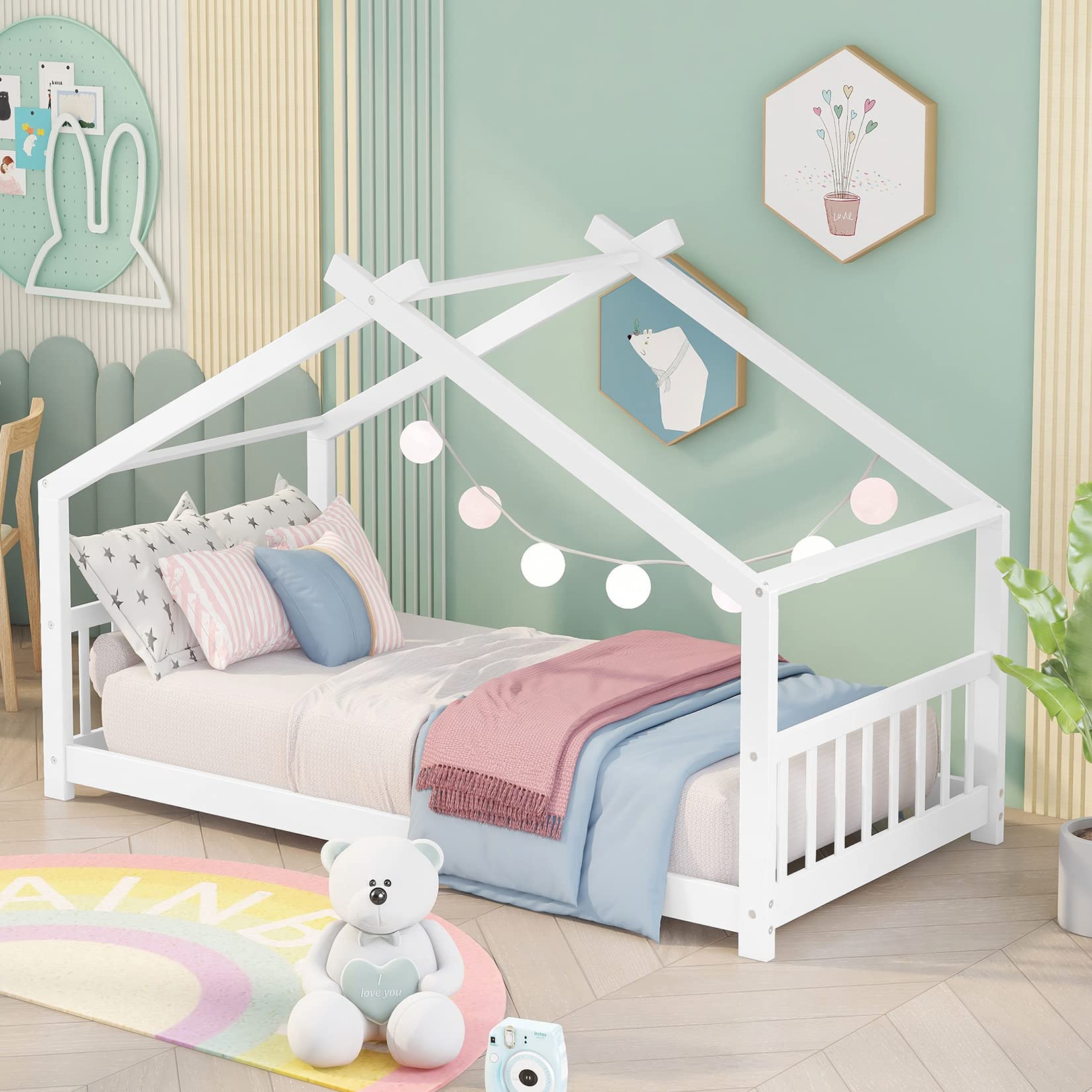 Montessori Wooden Toddler House Bed Frame with Headboard & Footboard - Twin Size Platform Bed for Kids, Boys & Girls - White - Perfect for Montessori Bedrooms, Playrooms & Cozy Kids' Spaces