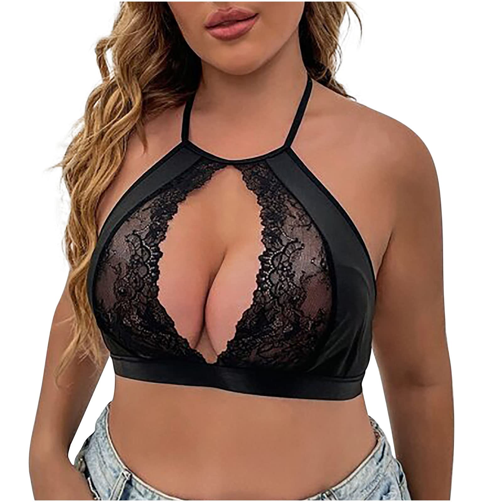 Plus Size Women's Sexy Cut Out Bralette - Floral Lace Unlined Halter Brassiere for Valentine's Nightwear & Boudoir Lingerie | Comfortable for Sleepwear, Date Night & Special Occasions