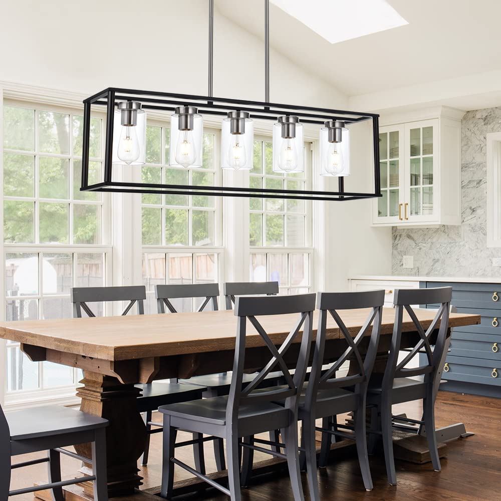 VINLUZ Modern 5-Light Rectangle Chandelier in Brushed Nickel & Black - Clear Glass Shade Farmhouse Pendant Light for Dining Room, Kitchen Island & Living Room Ceiling | Perfect for Rustic, Industrial & Contemporary Home Decor
