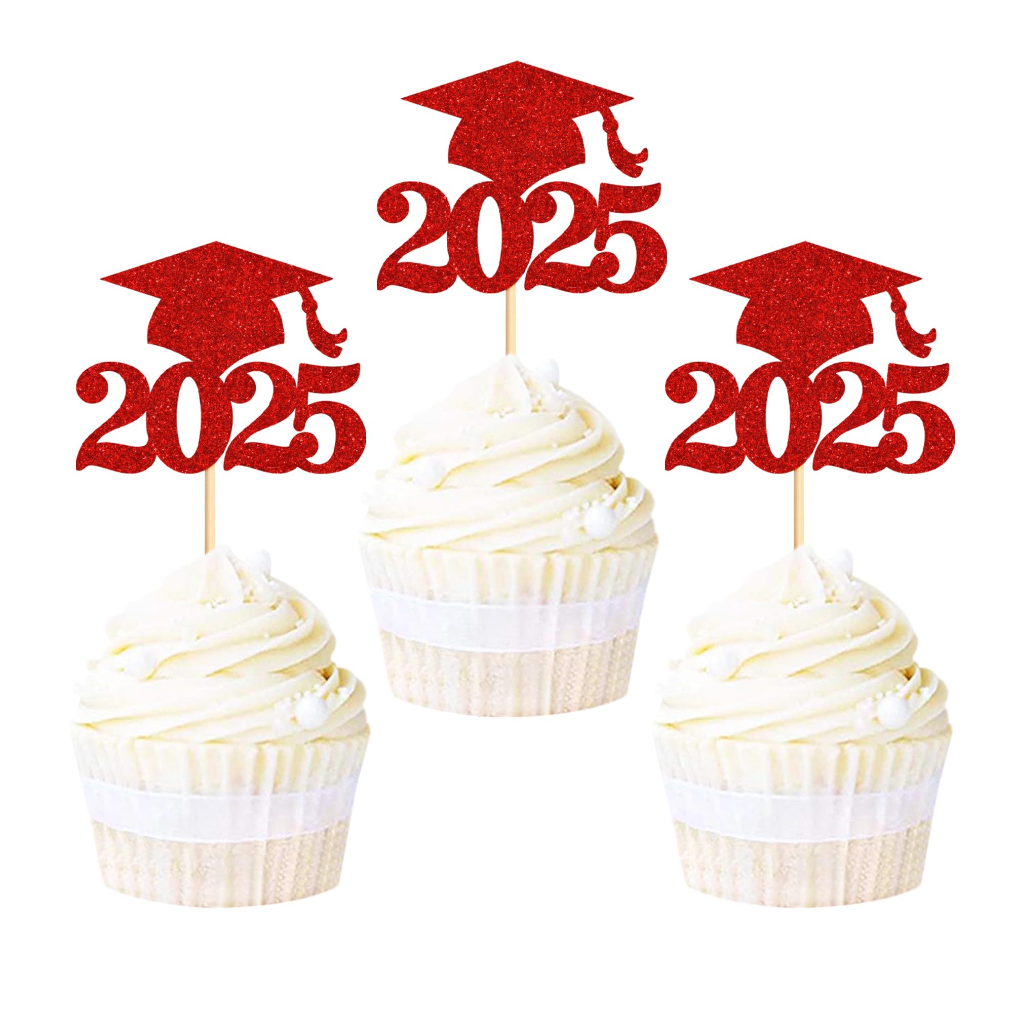 36 Pack 2025 Graduation Cap Cupcake Toppers - Glitter Class of 2025 Decorations for Graduation Party Supplies (Red) - Perfect for Graduation Cakes, Cupcakes, and Dessert Table Decor