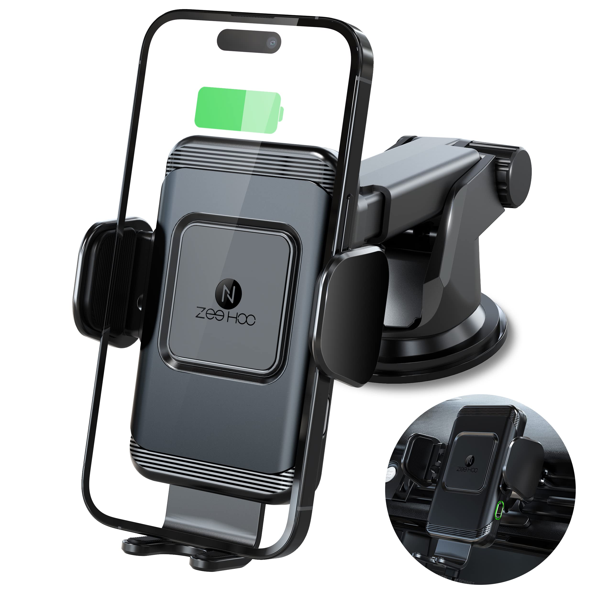 ZeeHoo Qi Wireless Car Charger - 15W Fast Charging Auto-Clamping Phone Mount for iPhone 14/13/12/11 Pro Max/XS/XR/8, Samsung S22/S21/S20/Note 20/10/9/8/Z Flip 3 - Universal Air Vent & Dashboard Phone Holder for Safe Driving & Hands-Free Navigation