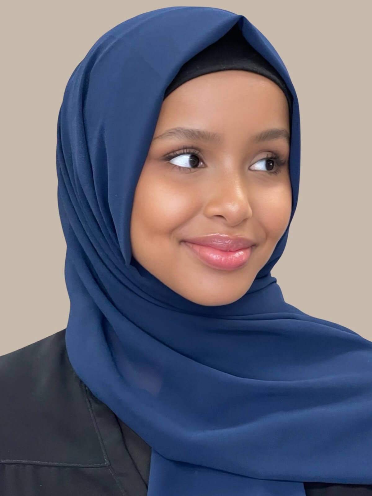 Classic Navy Chiffon Hijab - Soft & Lightweight Muslim Scarf for Women - Perfect for Daily Wear, Prayer, and Special Occasions