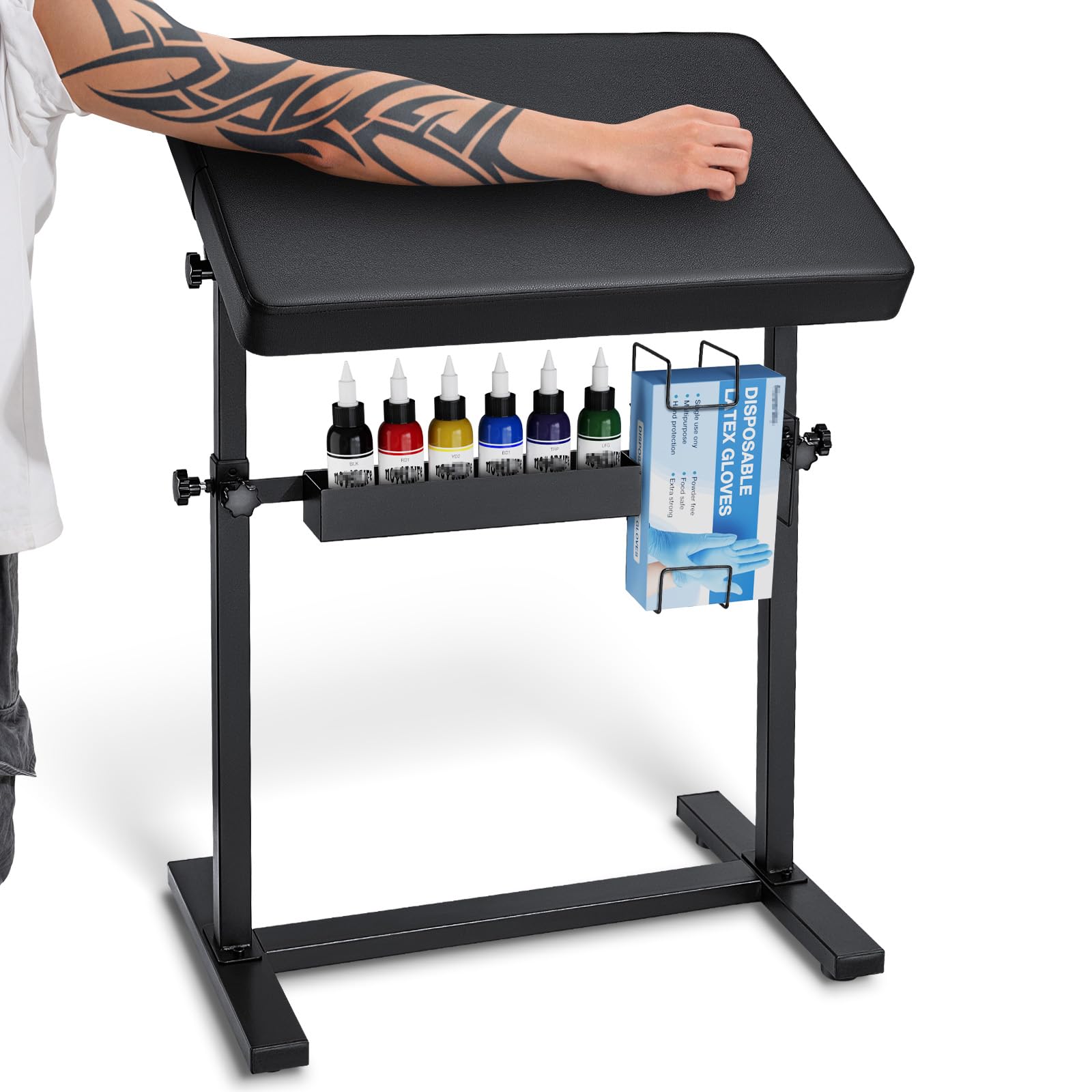 Professional Adjustable Tattoo Armrest Stand with Black PU Leather Pad - 70° Rotation, Height Adjustable, Sturdy 4-Corner Base - Perfect for Tattoo Artists, Studios & Home Tattoo Practice