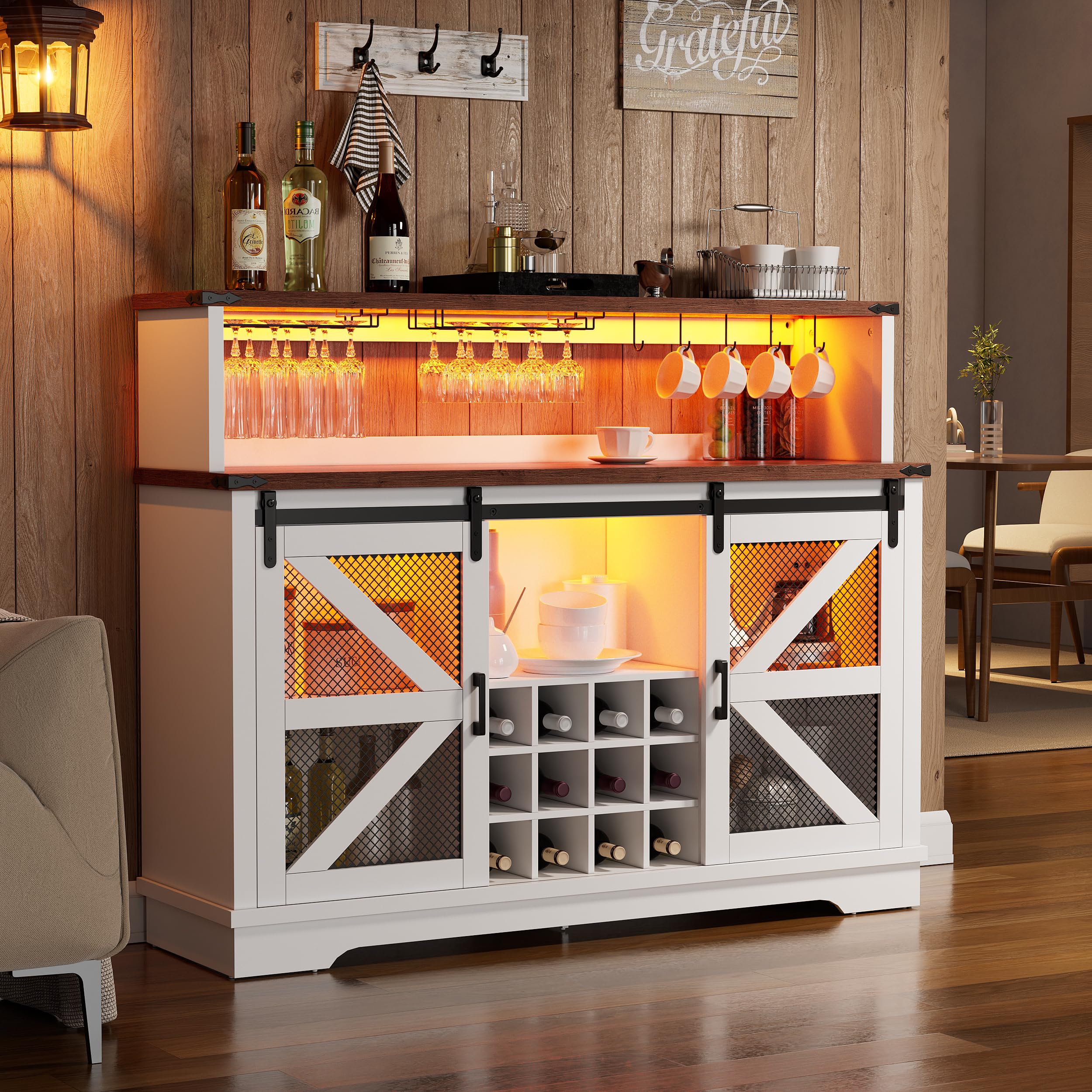 Farmhouse Wine Bar Cabinet with LED Lights - White Liquor & Coffee Bar Cabinet with Sliding Barn Door, Glass Rack & Storage Shelves - Sideboard Buffet Cabinet for Living Room, Dining Room & Home Decor - Perfect for Entertaining Guests & Displaying Glassware