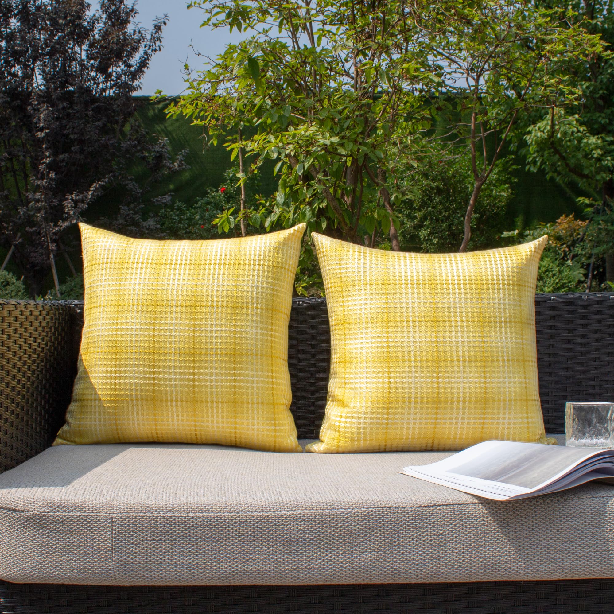 Kevin Textile 2-Pack Waterproof Outdoor Throw Pillow Covers - 20x20 Inch (50x50cm) Sunbrella Fabric Decorative Cushion Cases for Patio, Garden, Poolside, RV & Camping - Bright Yellow Weather-Resistant Pillow Protectors