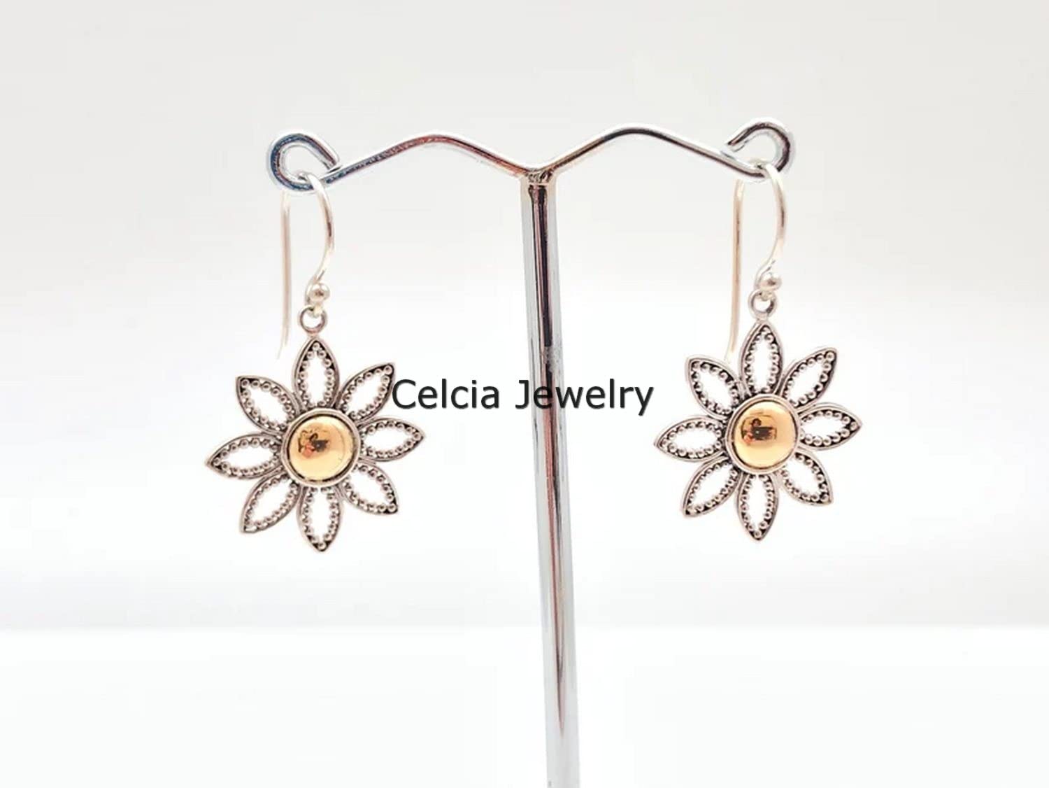 925 Sterling Silver Floral Dangle Teardrop Earrings for Women - Two-Tone Brass Ball Flower Earrings - Bali Style Handmade Jewelry - Perfect for Weddings, Parties & Boho Fashion