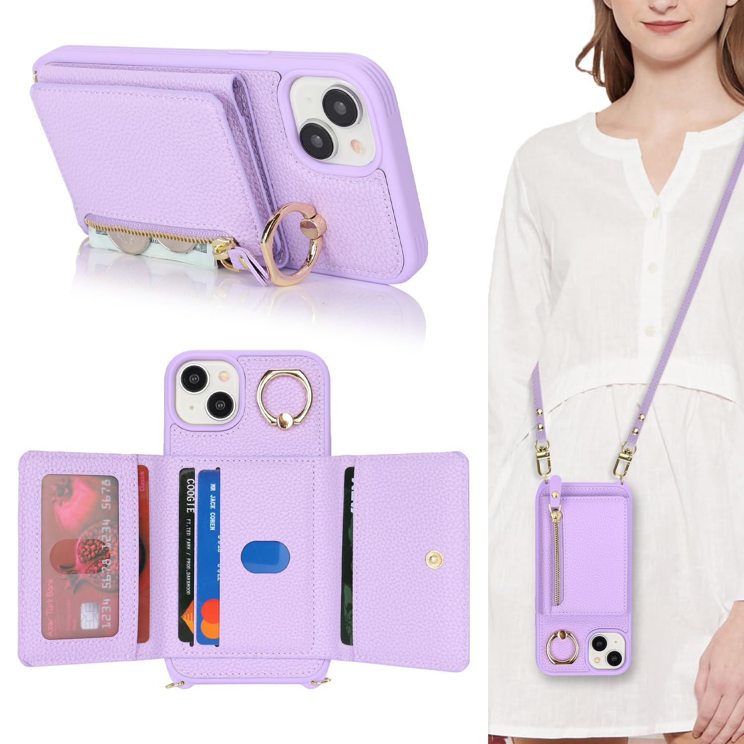 Premium PU Leather iPhone 15 Plus Case with Card Holder & Crossbody Strap - Wallet Phone Case with Stand Ring & Zipper Pocket (Purple) | Perfect for Women's Daily Use, Travel, Shopping & Hands-Free Convenience