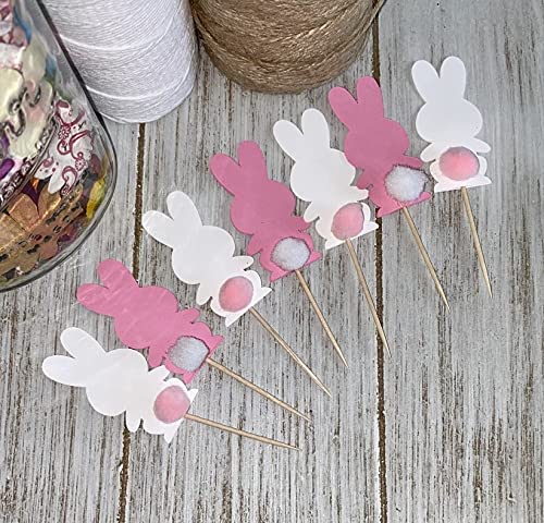 24-Pack White & Pink Bunny Cupcake Toppers with Pom Pom Tails - Adorable Easter & Birthday Party Decorations for Baby Showers, Cakes, and Dessert Displays