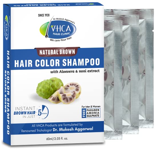 VHCA Natural Brown Beard Color Shampoo for Men - 3 Pack (20ml Each) | Gentle Gray Coverage & Conditioning | Perfect for Home Use, Travel & Daily Grooming