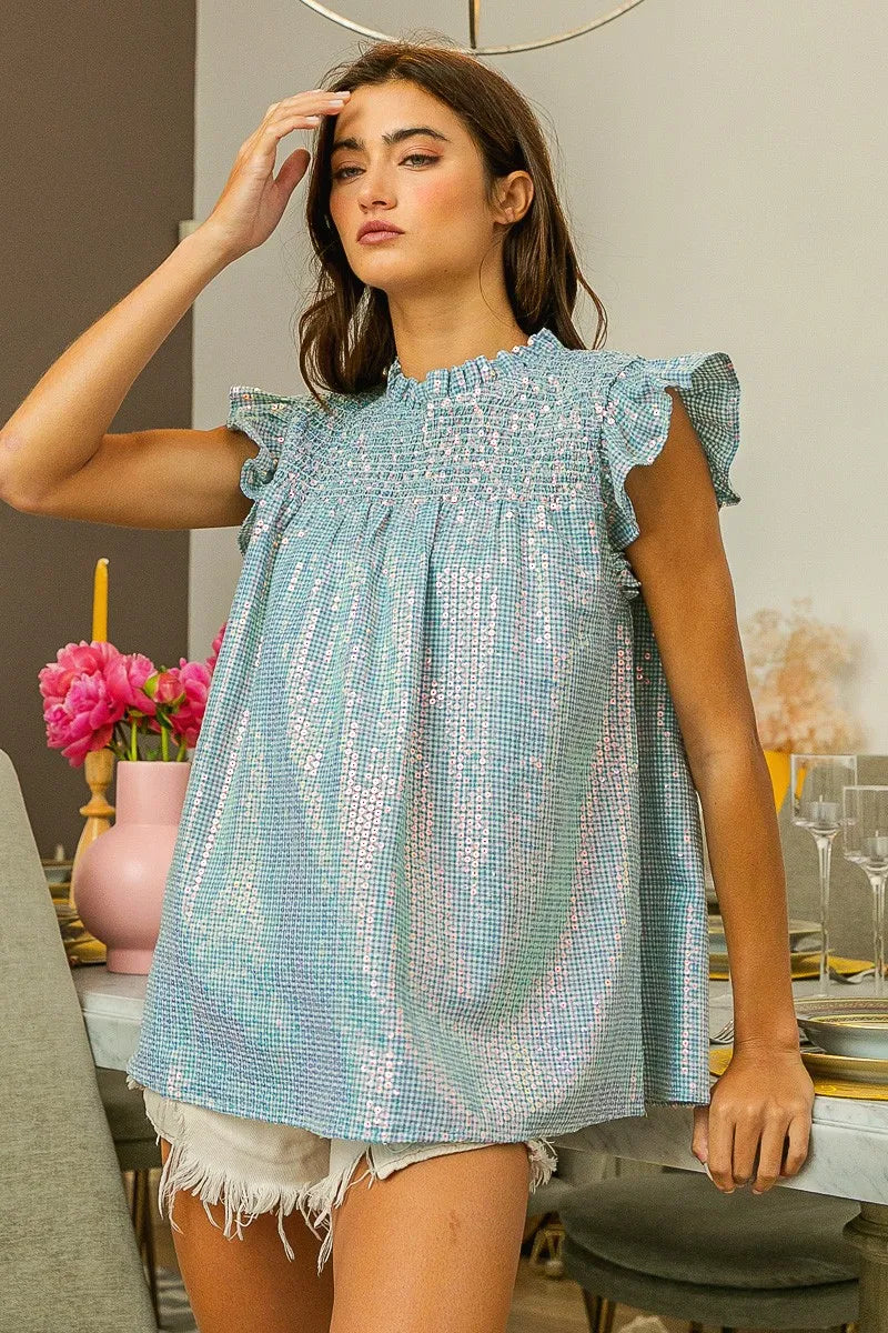 BiBi Clear Sequin All Over Gingham Smocked Top - Trendy Women's Blouse for Party, Holiday & Special Occasions