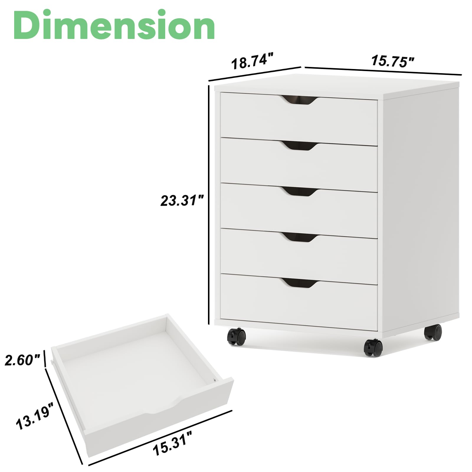 MAXTOWN 5-Drawer Rolling Storage Dresser Cabinet with Wheels - White Under Desk Organizer for Home Office, Bedroom & Dorm - Perfect for Files, Stationery & Clothes Storage