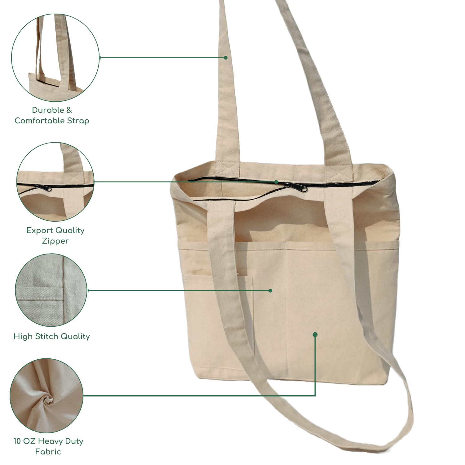 EcoDott Women's Cotton Tote Bag with Zipper & Pockets - 100% Organic Canvas Shoulder Handbag for School, Work, Travel & Daily Use | Durable Eco-Friendly Shopping Bag for Women | Perfect for Office, Beach & Grocery Shopping