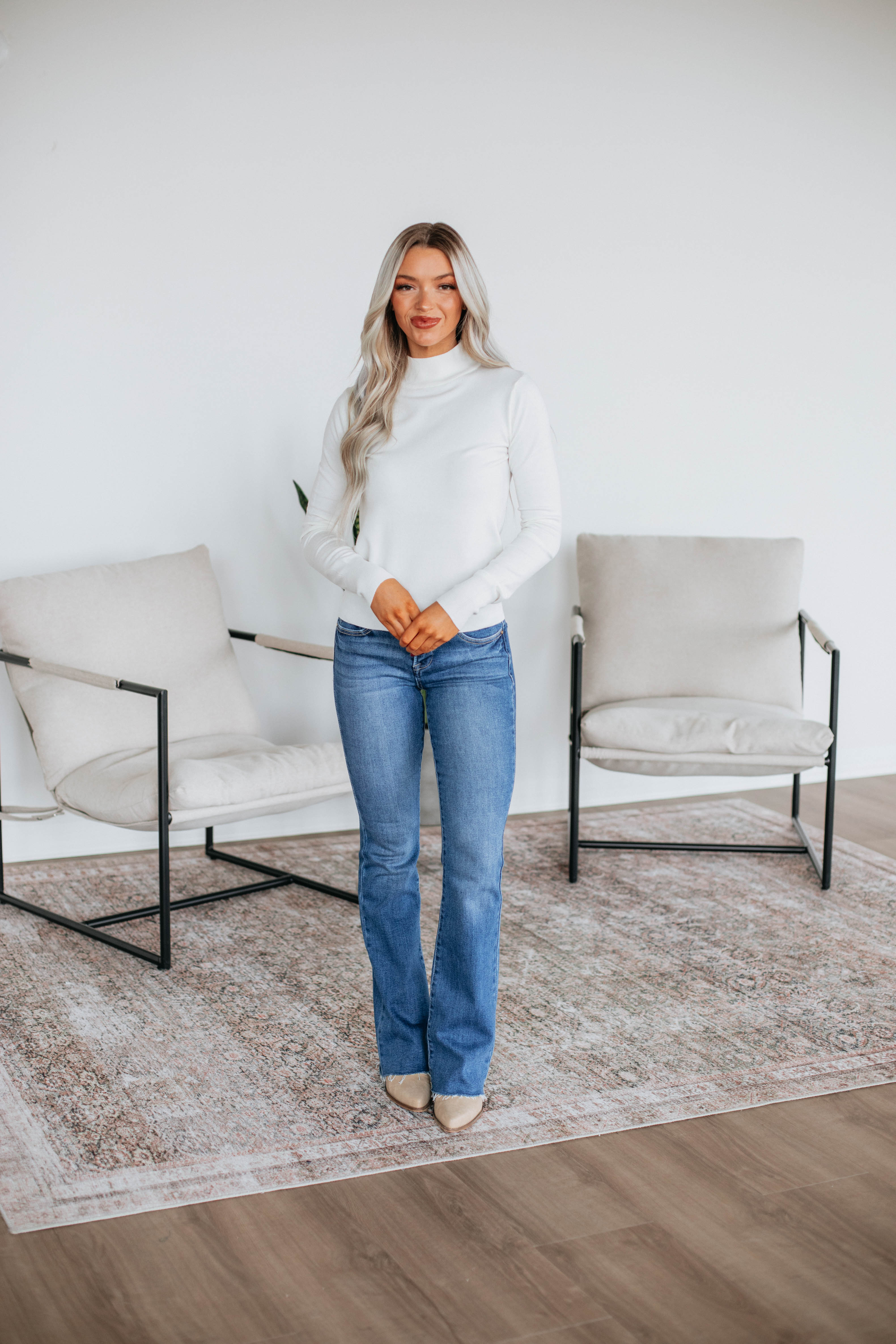Afton Mock Neck Top for Women - Ivory Long Sleeve T-Shirt - Casual & Work Wear - Perfect for Office, Outfits & Layering