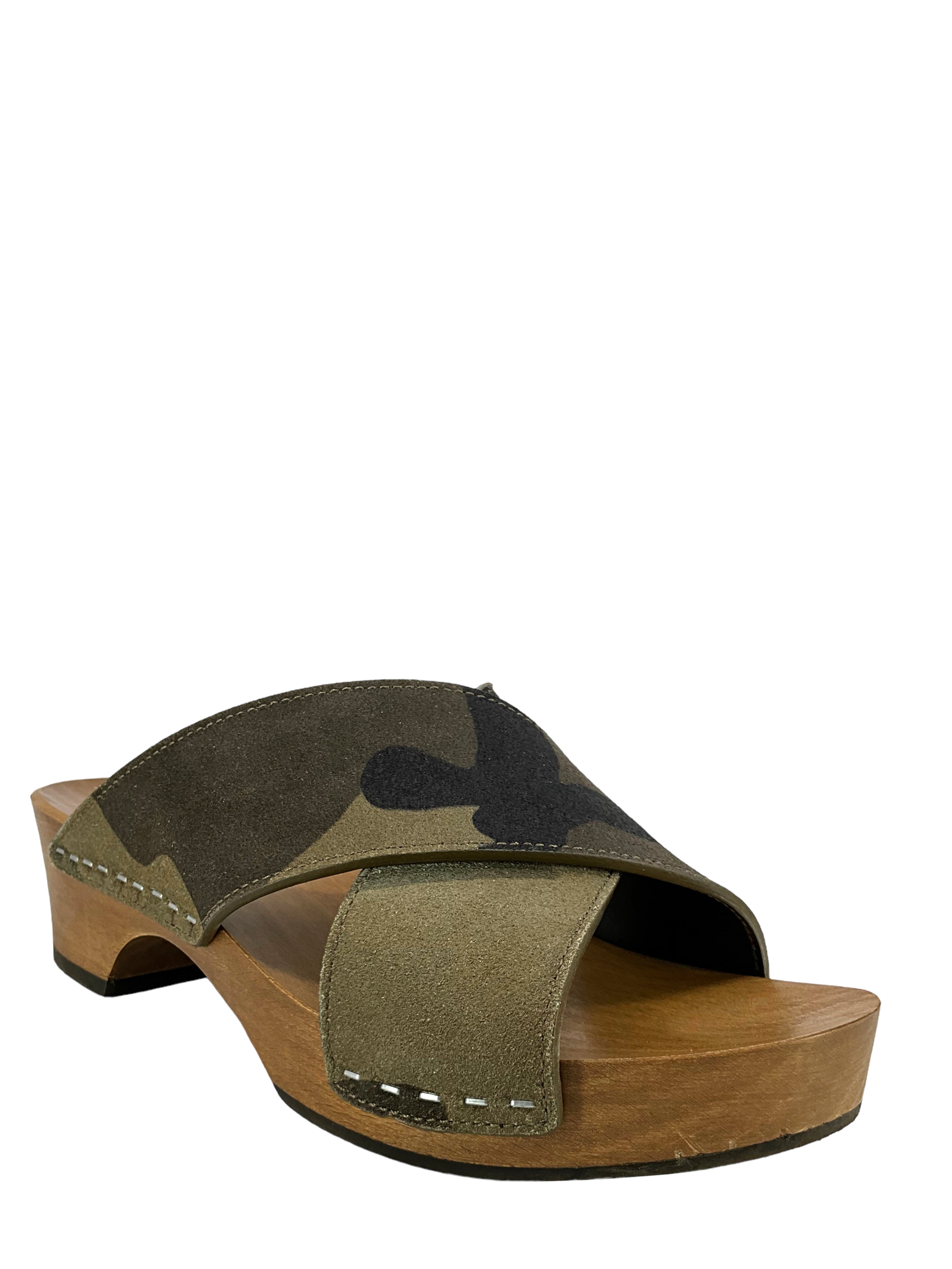 Saint Laurent Signature Camo Suede Clogs Women's Size 6.5 - Luxury Designer Slide Sandals for Casual Outings & Summer Fashion