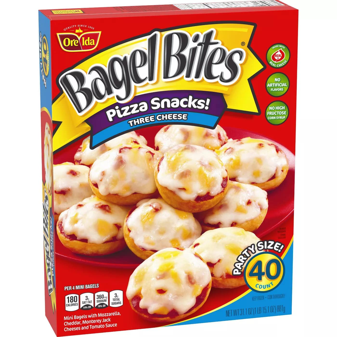 Bagel Bites Three Cheese Frozen Pizza Snacks - Mozzarella, Cheddar & Monterey Jack - Party Size 2 Pack (31.1oz/40ct, Total 80 Bites) | Ready Set Gourmet Donate A Meal Program | Perfect for Parties, Game Nights & Quick Family Meals