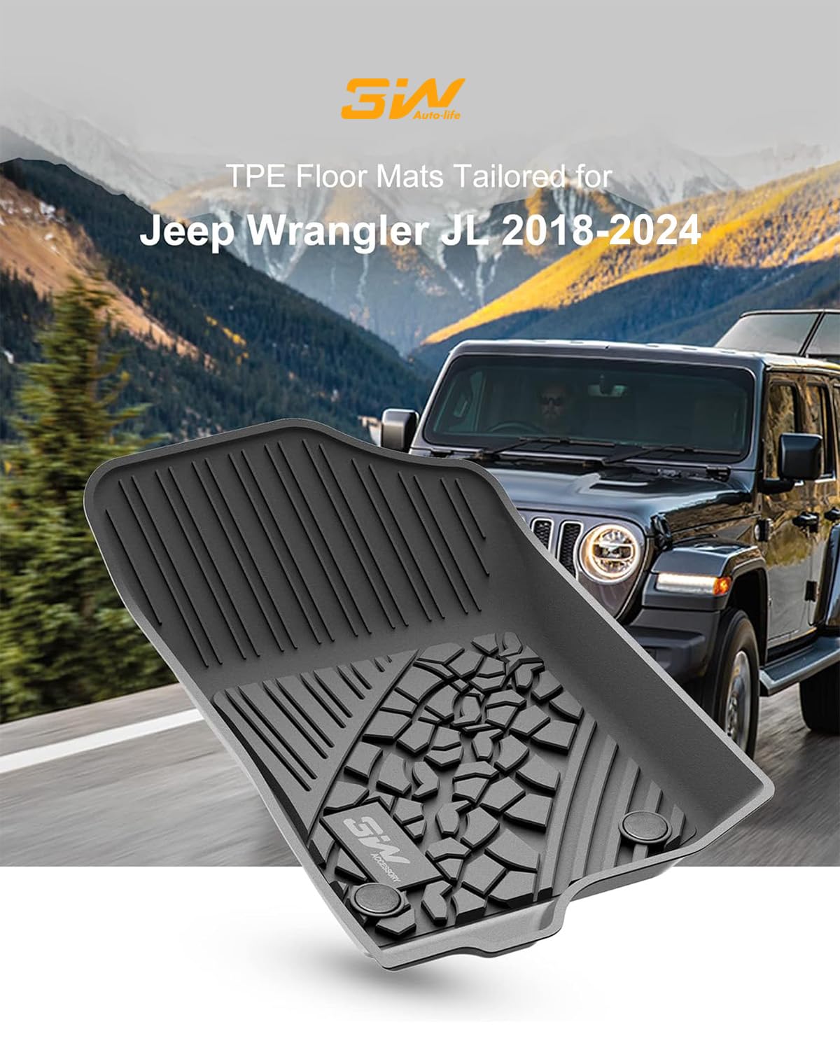 3W All-Weather TPE Floor Mats & Cargo Liner for Jeep Wrangler JL 2018-2025 (4-Door Sahara/Willys/Rubicon) - Non JK/4XE/Subwoofer Models - Durable Car Floor Liners & Trunk Mat Set for Off-Road, Camping & Daily Driving Protection