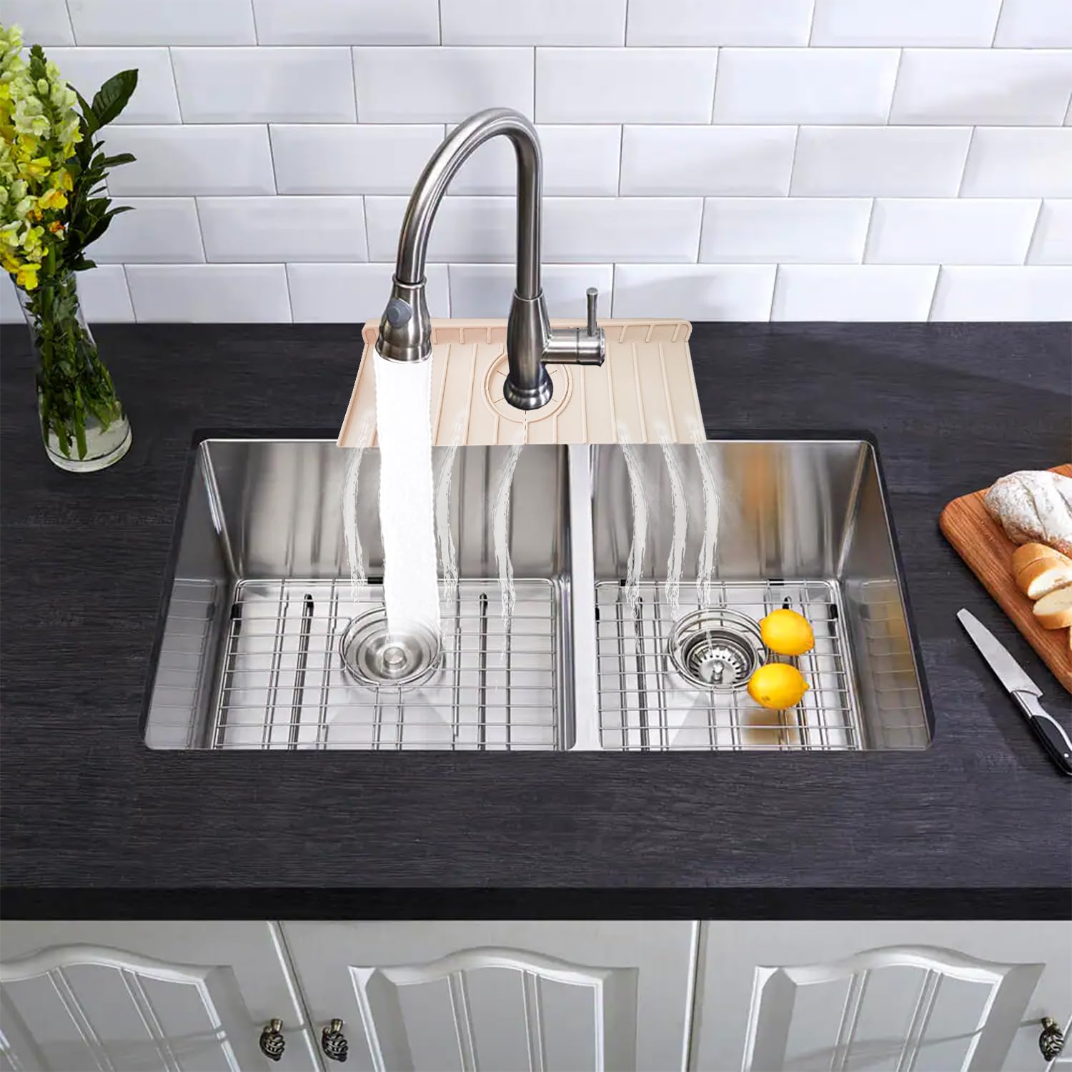 **Silicone Kitchen Faucet Splash Guard & Drip Catcher Tray - Non-Slip Sink Mat Protector for Leak Prevention - Perfect for Stainless Steel Sinks, Dishwashing & Countertop Protection**